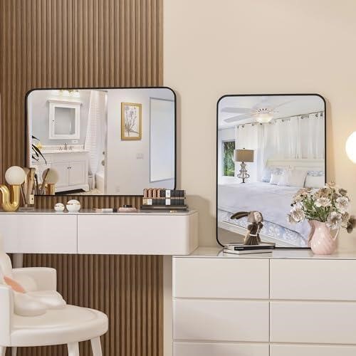 Wall Mirror Bathroom Mirror, 20 x 28 Inch Black Rectangular Mirror with Aluminum Alloy Frame, Rounded Corner Hanging Mirror Decor for Entryway, Bedroom, Living Room - Image 3