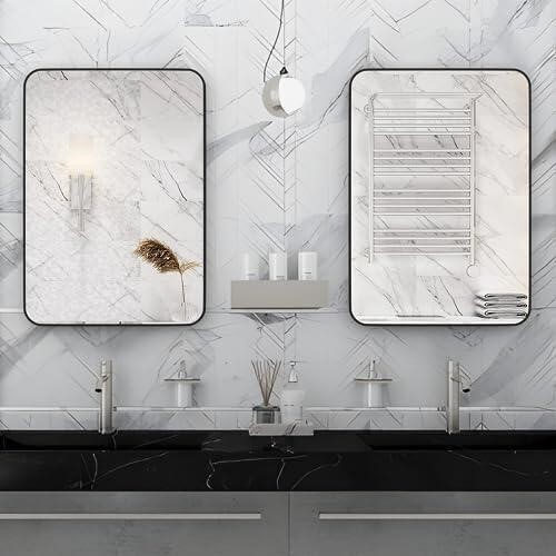 Wall Mirror Bathroom Mirror, 20 x 28 Inch Black Rectangular Mirror with Aluminum Alloy Frame, Rounded Corner Hanging Mirror Decor for Entryway, Bedroom, Living Room - Image 4