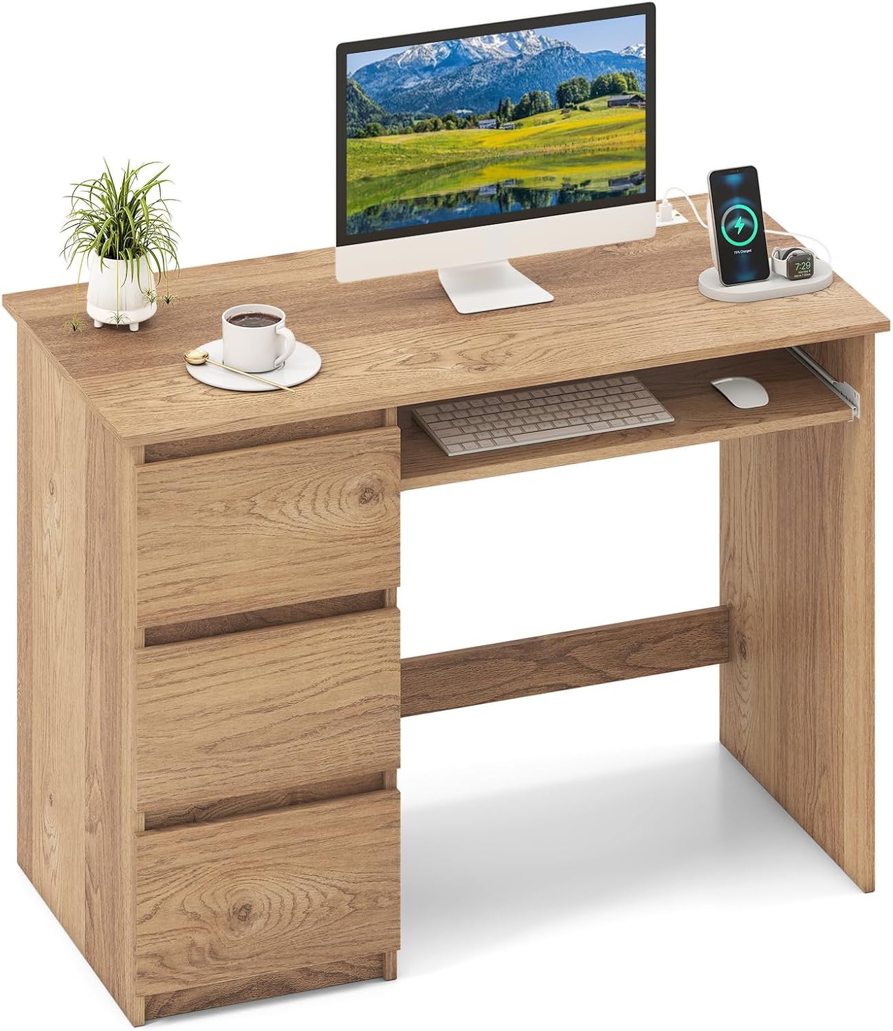 Desk with 3 Storage Drawers & Built-in Charging Station, Home Office Desk with Keyboard Tray, PC Desk Study Writing Desk, Vanity Table for Bedroom, Computer Workstation, Natural - Image 1