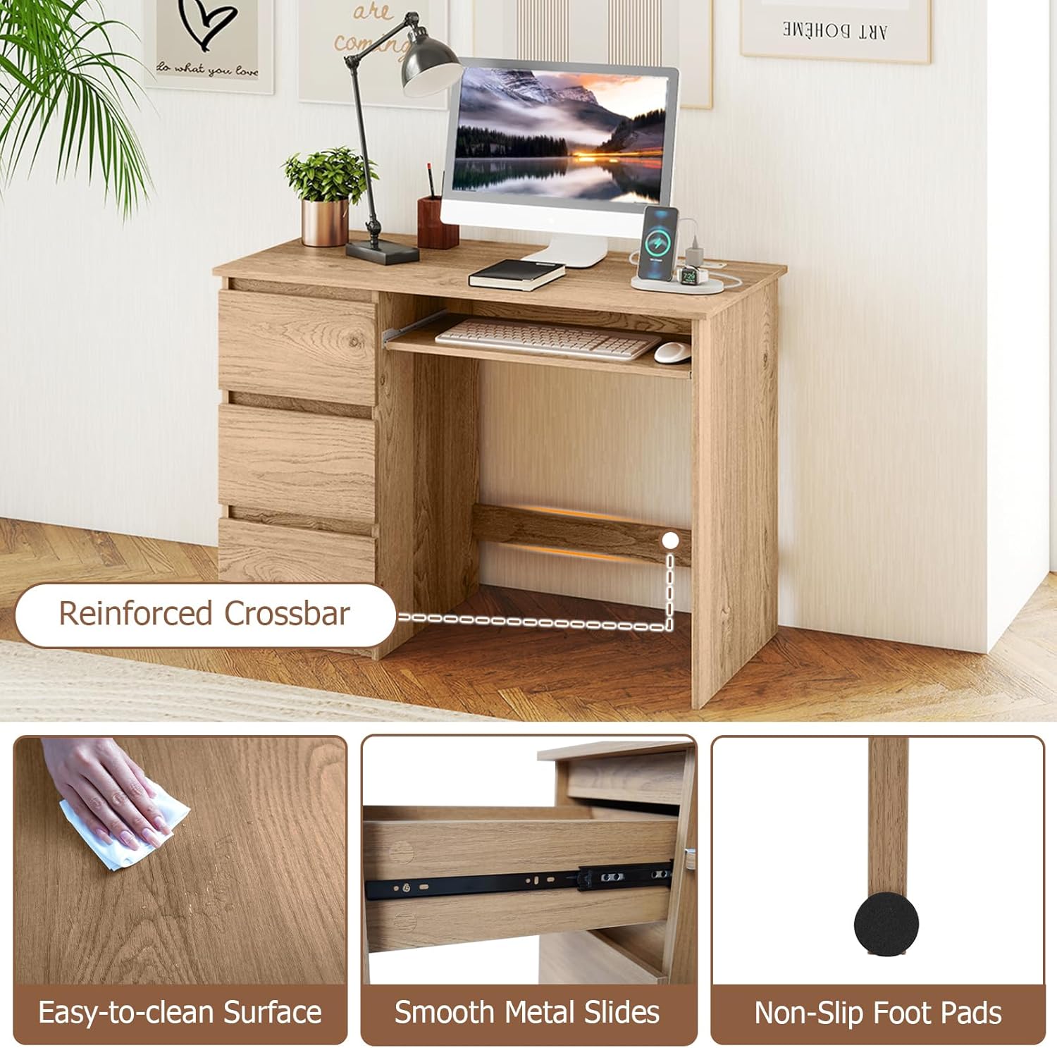 Desk with 3 Storage Drawers & Built-in Charging Station, Home Office Desk with Keyboard Tray, PC Desk Study Writing Desk, Vanity Table for Bedroom, Computer Workstation, Natural - Image 1