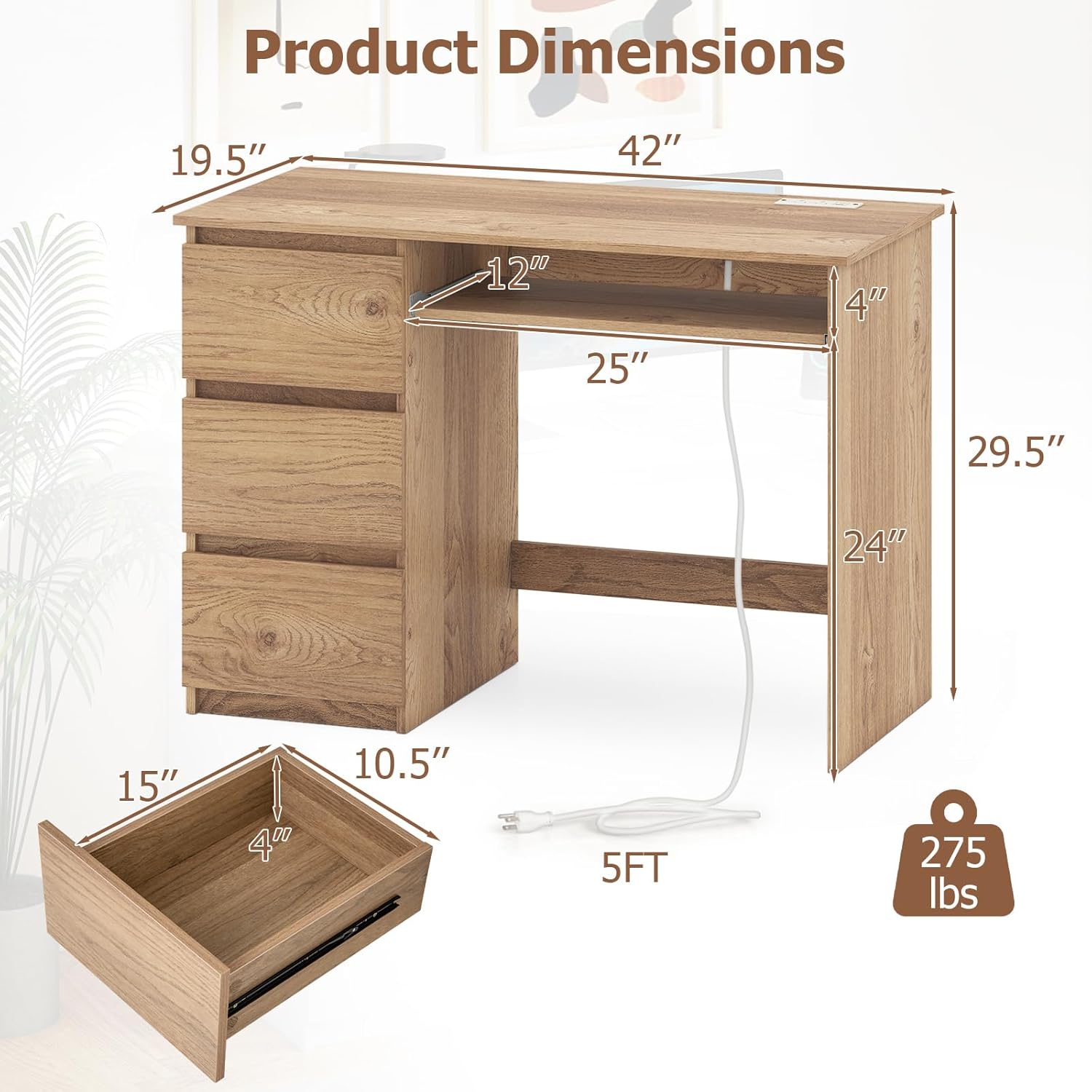 Desk with 3 Storage Drawers & Built-in Charging Station, Home Office Desk with Keyboard Tray, PC Desk Study Writing Desk, Vanity Table for Bedroom, Computer Workstation, Natural - Image 2