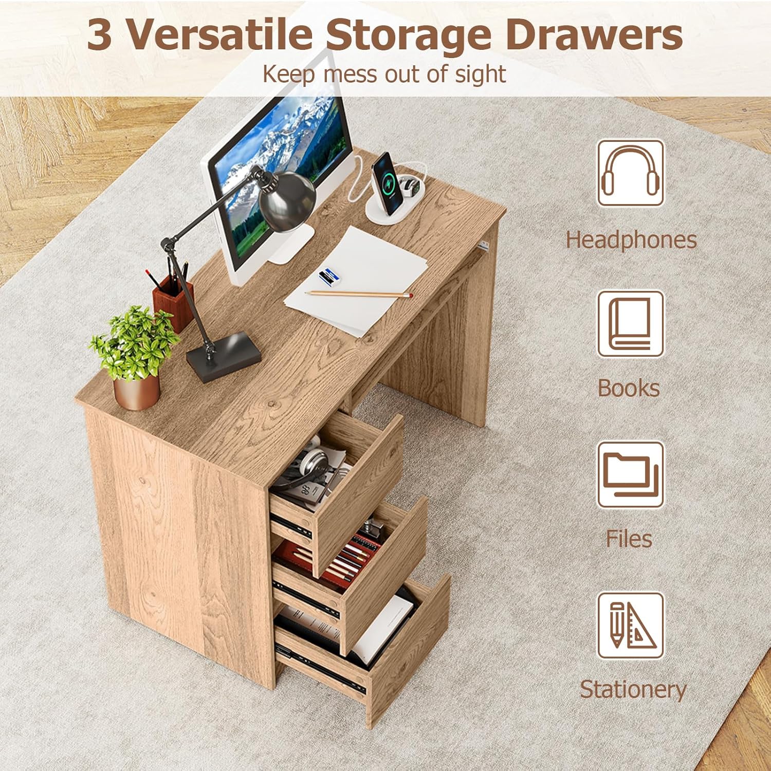 Desk with 3 Storage Drawers & Built-in Charging Station, Home Office Desk with Keyboard Tray, PC Desk Study Writing Desk, Vanity Table for Bedroom, Computer Workstation, Natural - Image 3