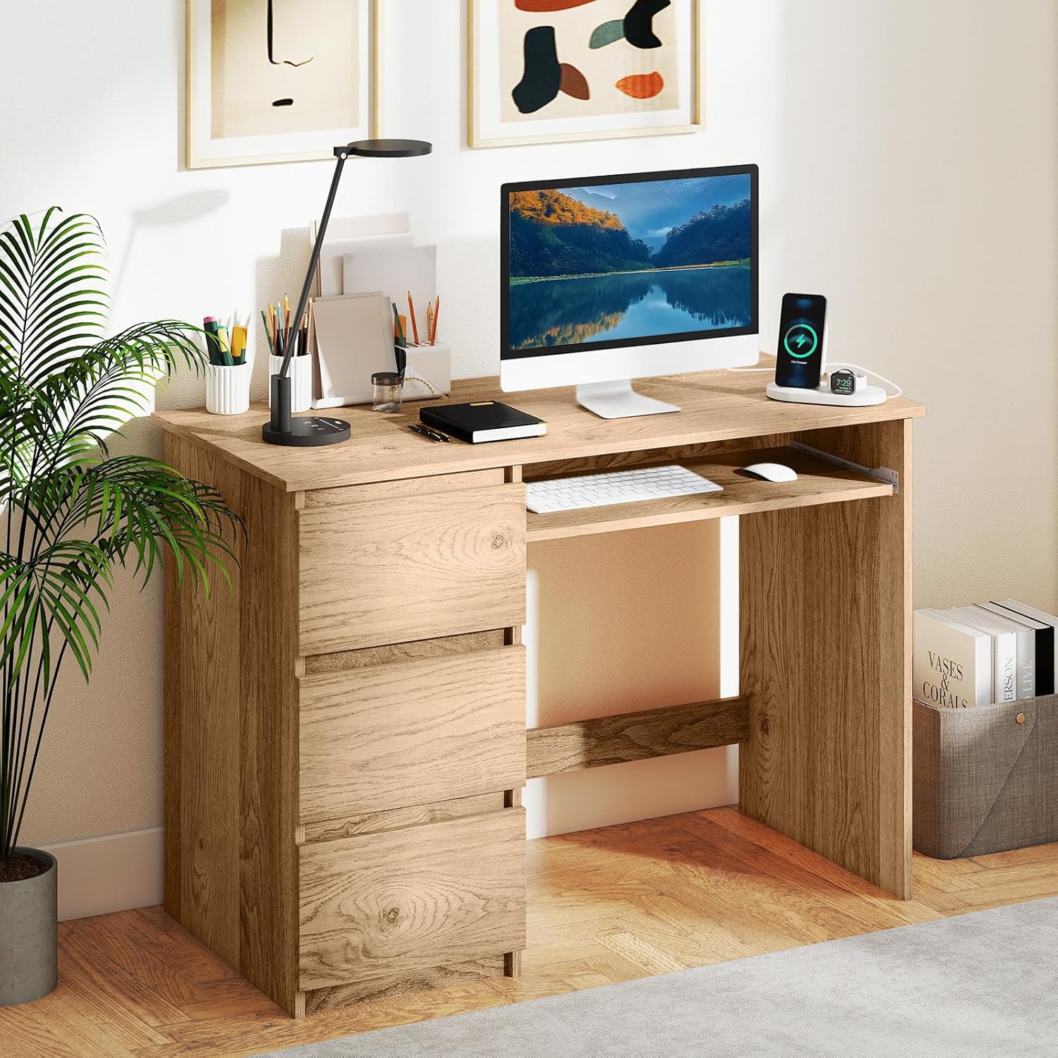 Desk with 3 Storage Drawers & Built-in Charging Station, Home Office Desk with Keyboard Tray, PC Desk Study Writing Desk, Vanity Table for Bedroom, Computer Workstation, Natural - Image 4