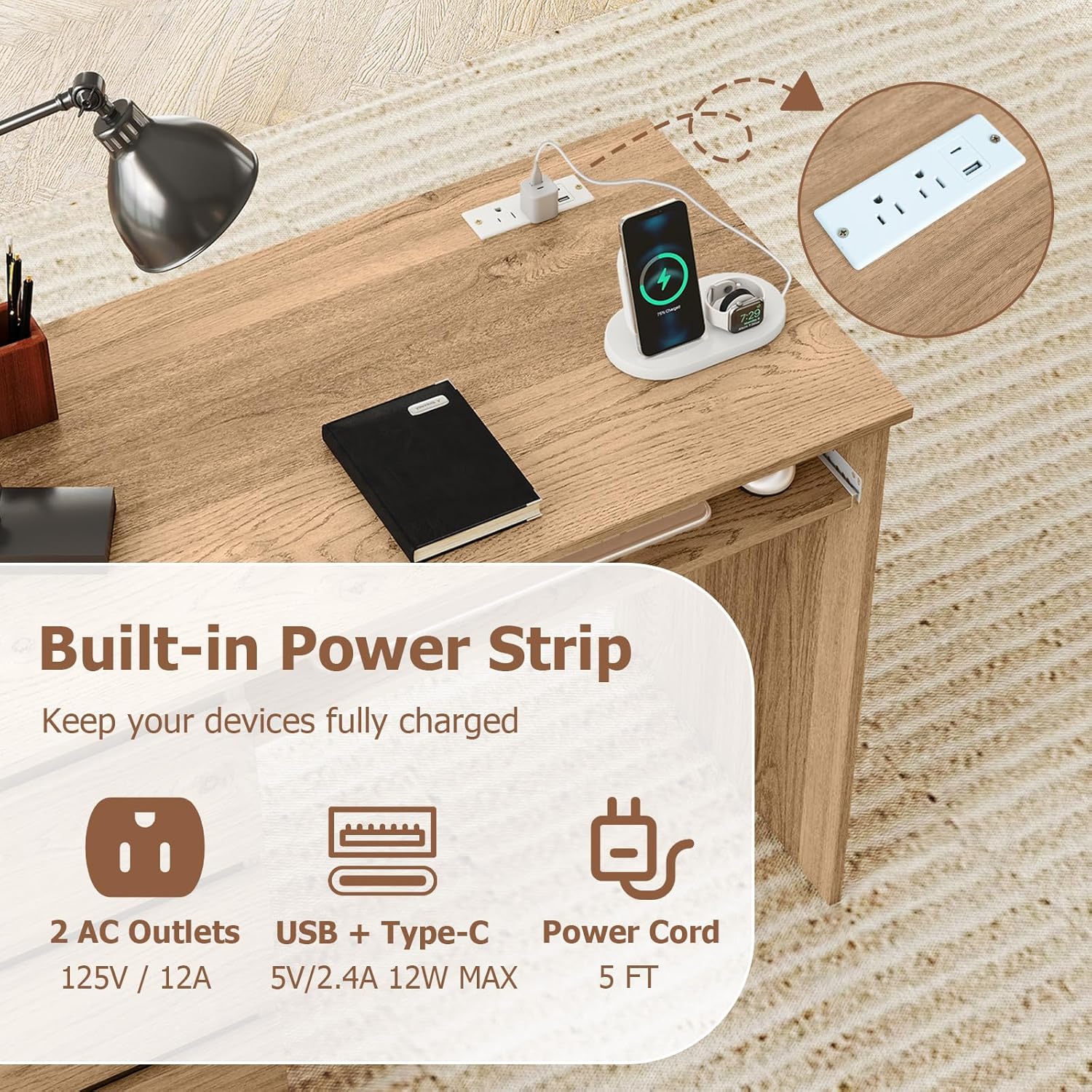 Desk with 3 Storage Drawers & Built-in Charging Station, Home Office Desk with Keyboard Tray, PC Desk Study Writing Desk, Vanity Table for Bedroom, Computer Workstation, Natural - Image 5