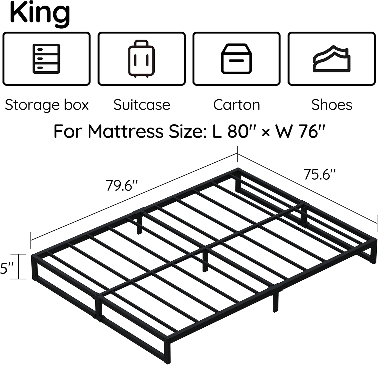 12 Inch King Bed Frame with Rounded Corner Legs, 2000 LBS Heavy Duty Metal King Size Platform Bed Frame No Box Spring Needed, Noise Free, Easy Assembly, Black King 12 Inch - Image 2