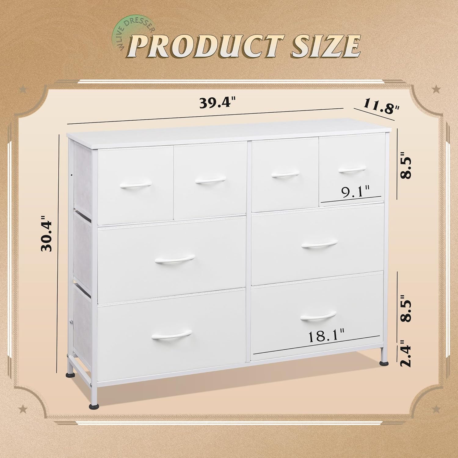 Dresser for Bedroom with 8 Drawers, Wide Fabric Dresser for Storage and Organization, Bedroom Dressers, Chest of Drawers for Living Room, Closet, Hallway, White White 8 Drawers - Image 1