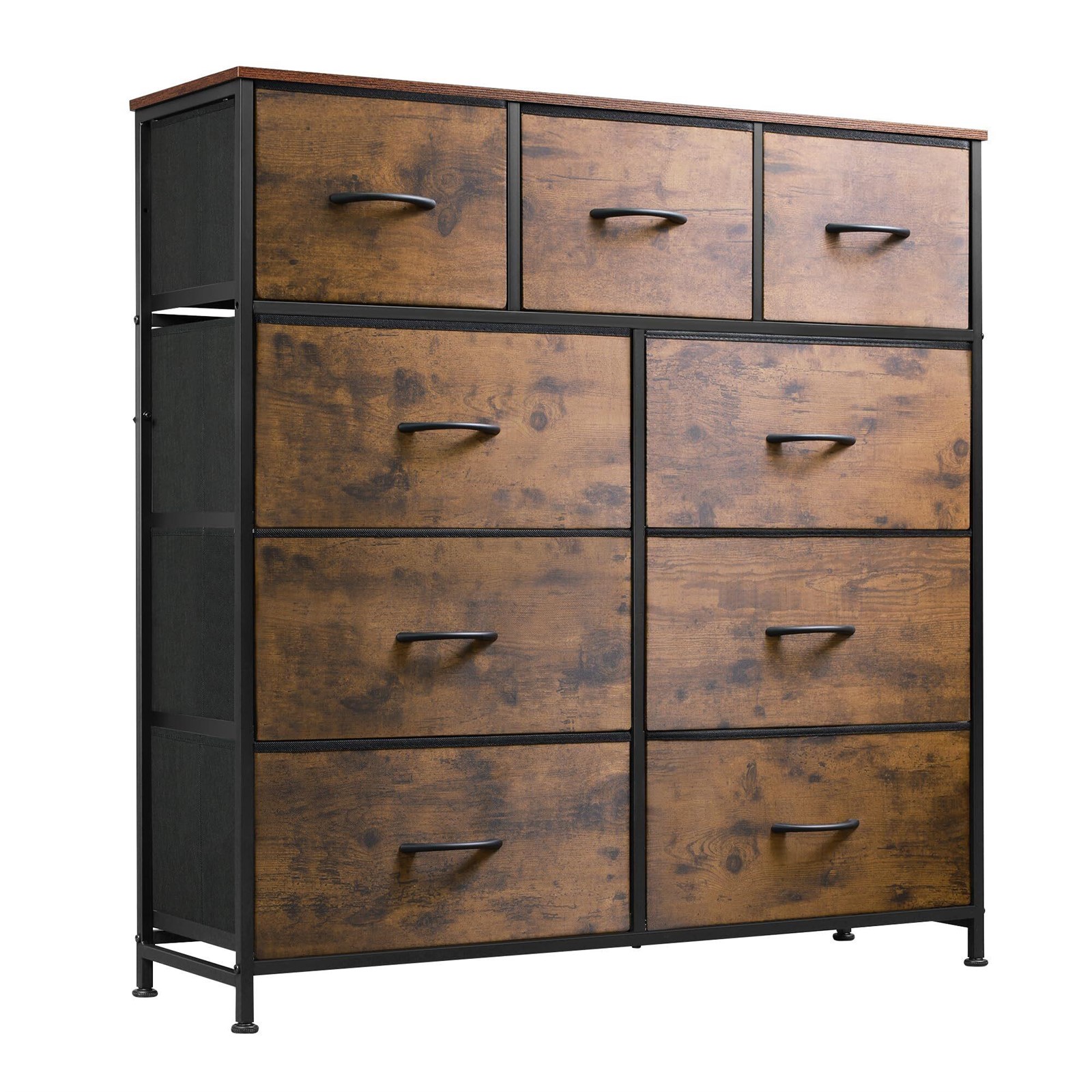 9-Drawer Dresser, Fabric Storage Tower for Bedroom, Hallway, Entryway, Closet, Tall Chest Organizer Unit with Fabric Bins, Steel Frame, Wood Top, Easy Pull Handle, Rustic Brown Wood Grain Print - Image 1