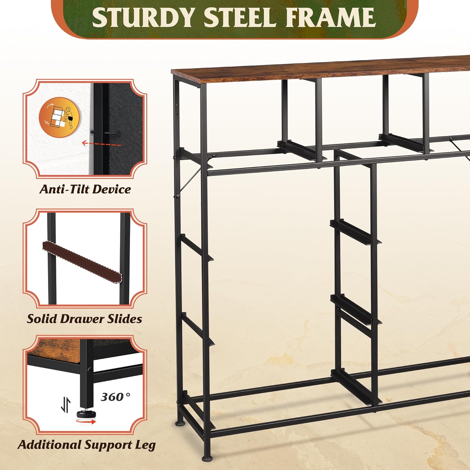 9-Drawer Dresser, Fabric Storage Tower for Bedroom, Hallway, Entryway, Closet, Tall Chest Organizer Unit with Fabric Bins, Steel Frame, Wood Top, Easy Pull Handle, Rustic Brown Wood Grain Print - Image 2
