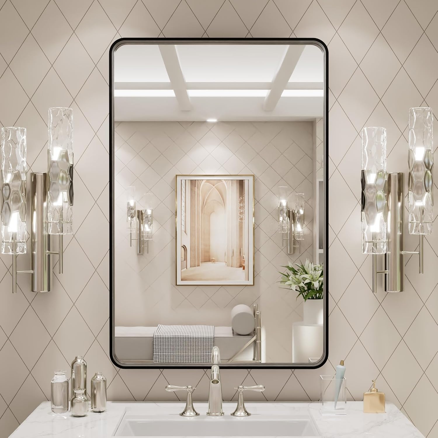 20x30 Inch Black Metal Framed Bathroom Mirror for Wall, Matte Black Bathroom Vanity Mirror Farmhouse, Large Rounded Rectangle Mirror, Anti-Rust, Hangs Horizontally or Vertically - Image 4