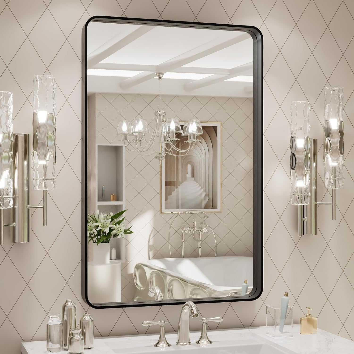 20X30 Inch Black Metal Framed Bathroom Mirror for Wall, Matte Black Bathroom Vanity Mirror Farmhouse, Large Rounded Rectangle Mirror, Anti-Rust, Hangs Horizontally or Vertically  - Image 1