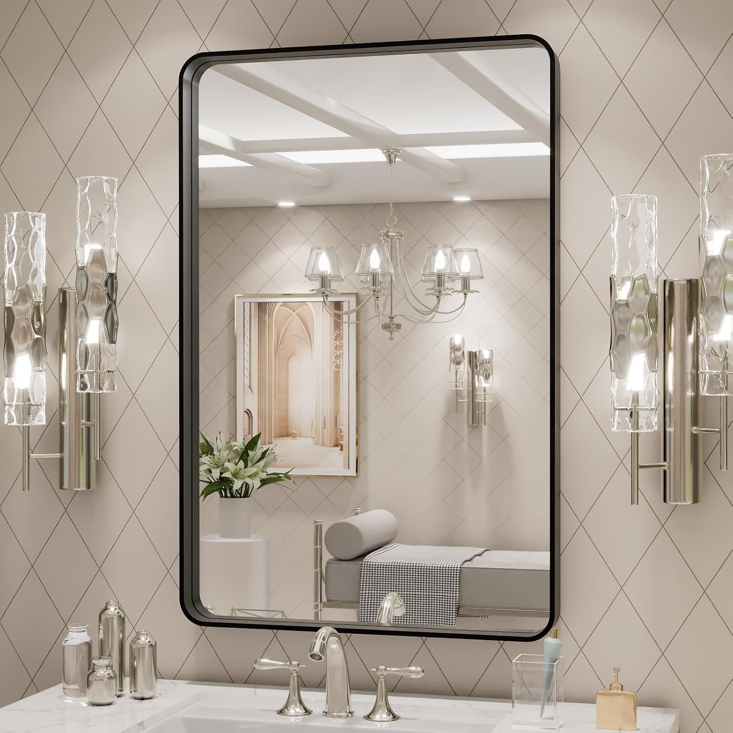 20X30 Inch Black Metal Framed Bathroom Mirror for Wall, Matte Black Bathroom Vanity Mirror Farmhouse, Large Rounded Rectangle Mirror, Anti-Rust, Hangs Horizontally or Vertically - Image 5