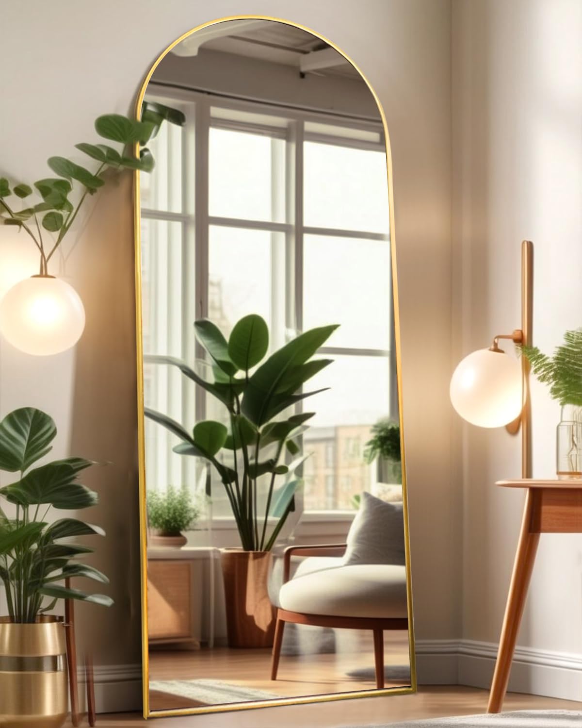 58"x18" Arched Full Length Mirror - Gold Freestanding Floor Mirror for Bedroom, Living Room, Dressing Room - Elegant Arch Design, Wall Mount or Standing, Lightweight & Shatterproof  - Image 1