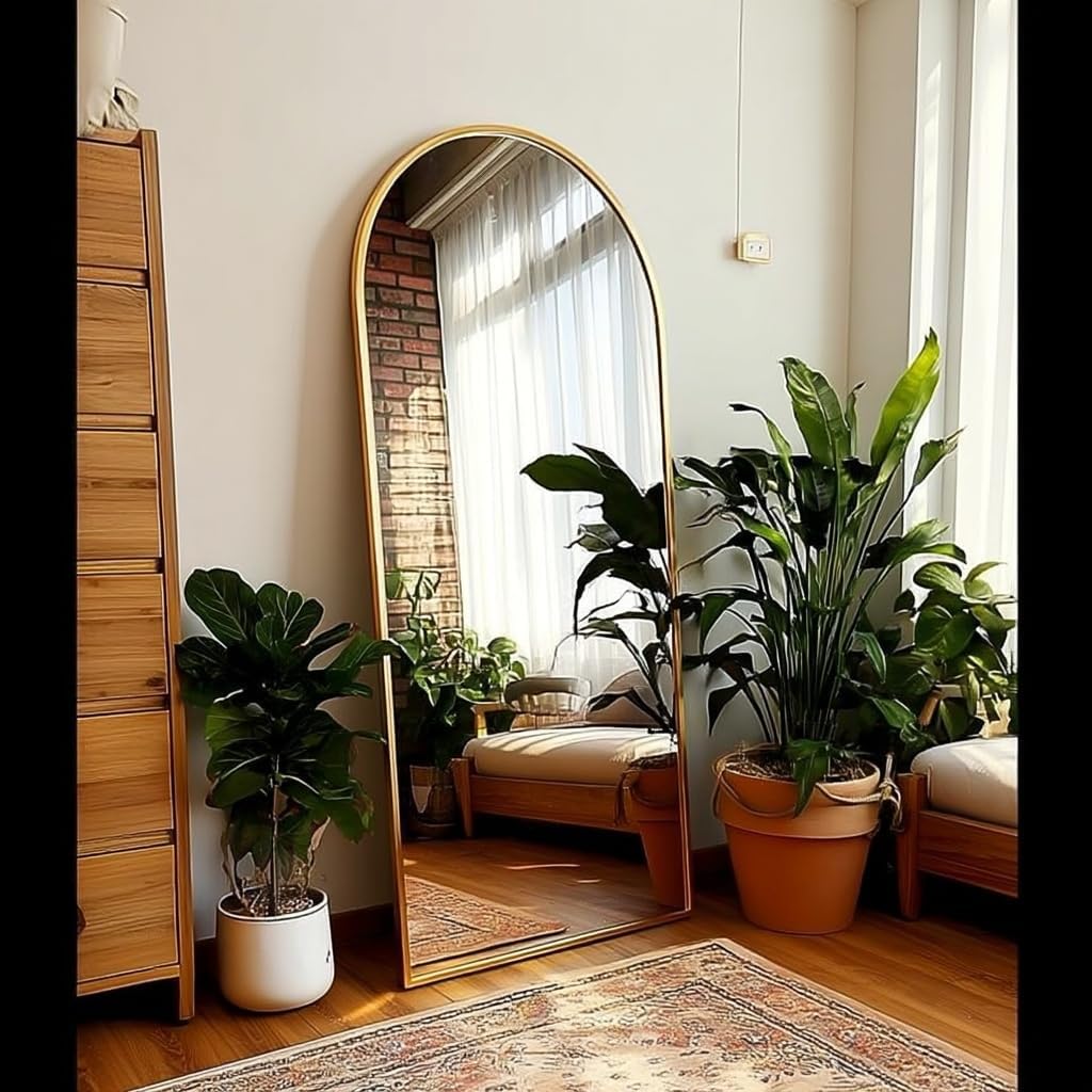 58"x18" Arched Full Length Mirror - Gold Freestanding Floor Mirror for Bedroom, Living Room, Dressing Room - Elegant Arch Design, Wall Mount or Standing, Lightweight & Shatterproof - Image 4