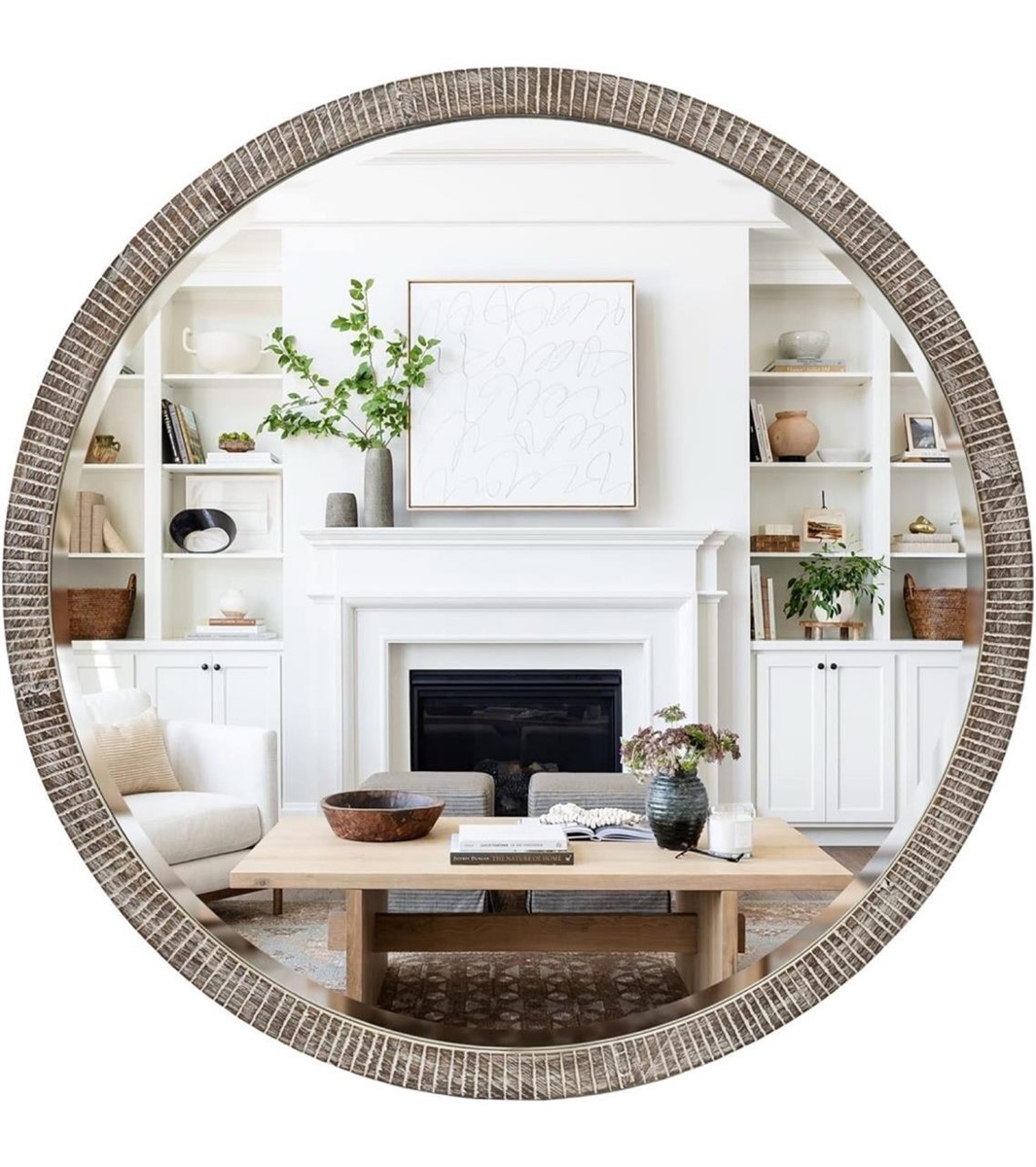 35" Round Wood Mirror, Large Wooden Round Mirror, Wood Round Mirrors for Wall Decor, Rustic Circle Wall Mirrors for Entryway, Living Room, White Washed Frame - Image 1