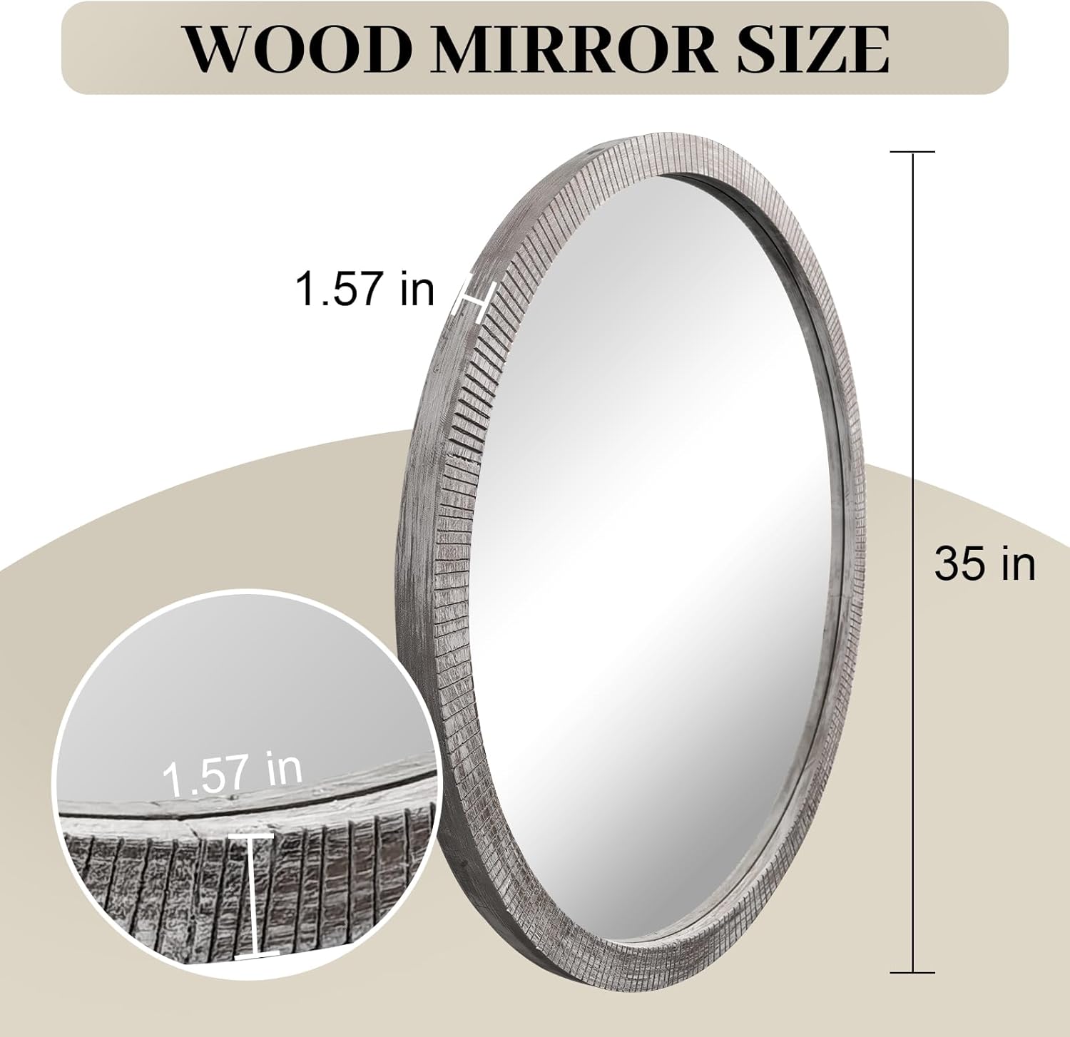 35" Round Wood Mirror, Large Wooden Round Mirror, Wood Round Mirrors for Wall Decor, Rustic Circle Wall Mirrors for Entryway, Living Room, White Washed Frame - Image 2