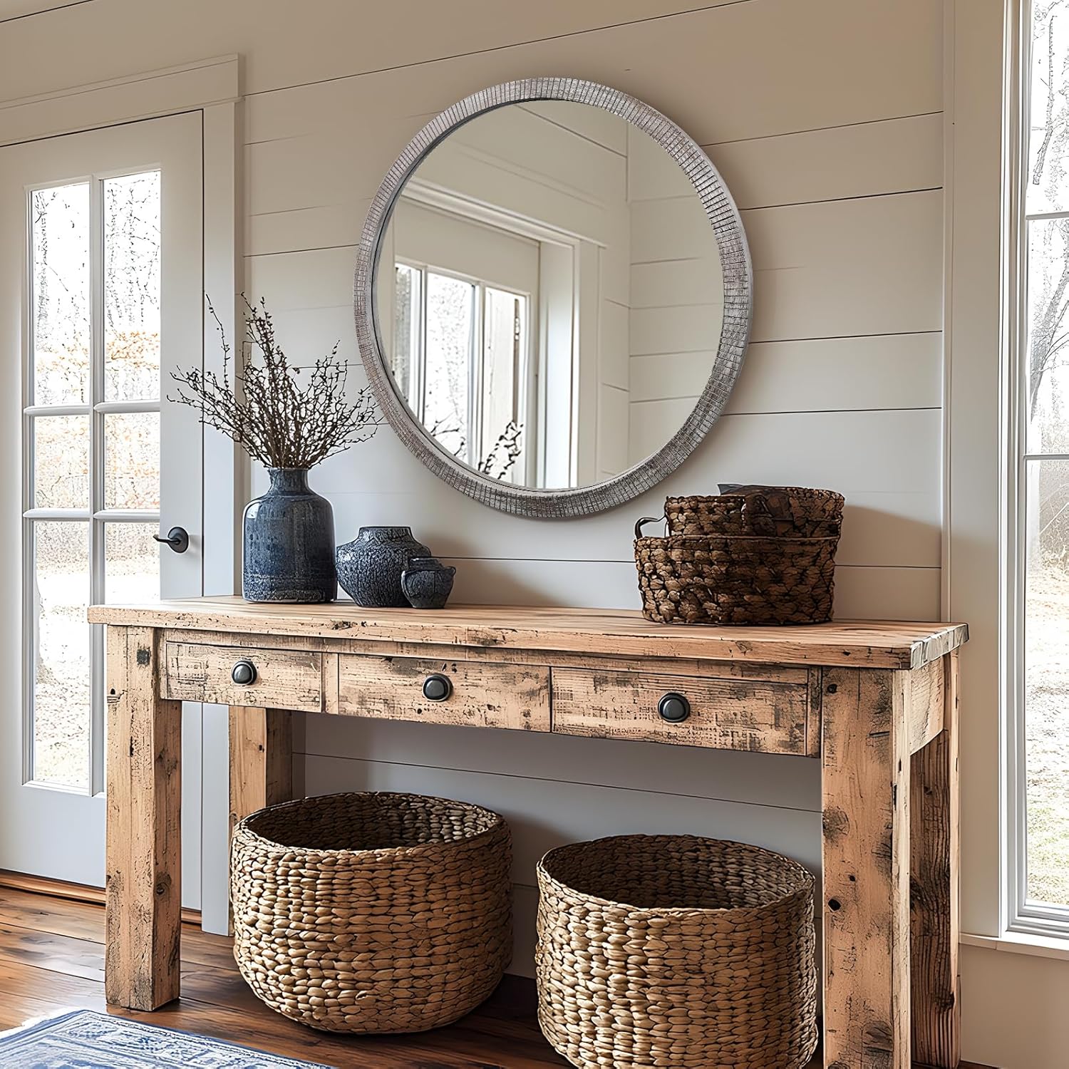 35" Round Wood Mirror, Large Wooden Round Mirror, Wood Round Mirrors for Wall Decor, Rustic Circle Wall Mirrors for Entryway, Living Room, White Washed Frame - Image 3