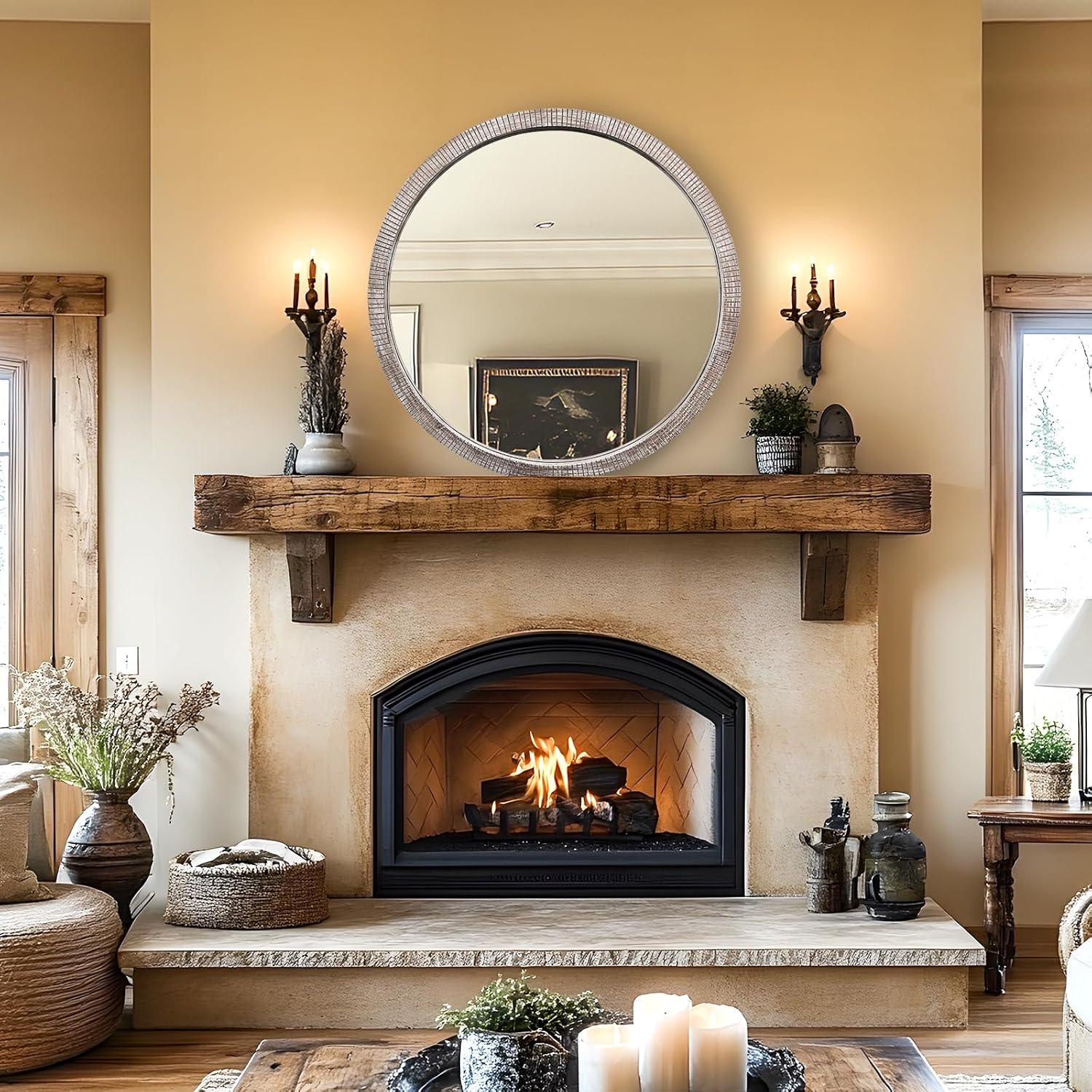 35" Round Wood Mirror, Large Wooden Round Mirror, Wood Round Mirrors for Wall Decor, Rustic Circle Wall Mirrors for Entryway, Living Room, White Washed Frame - Image 4