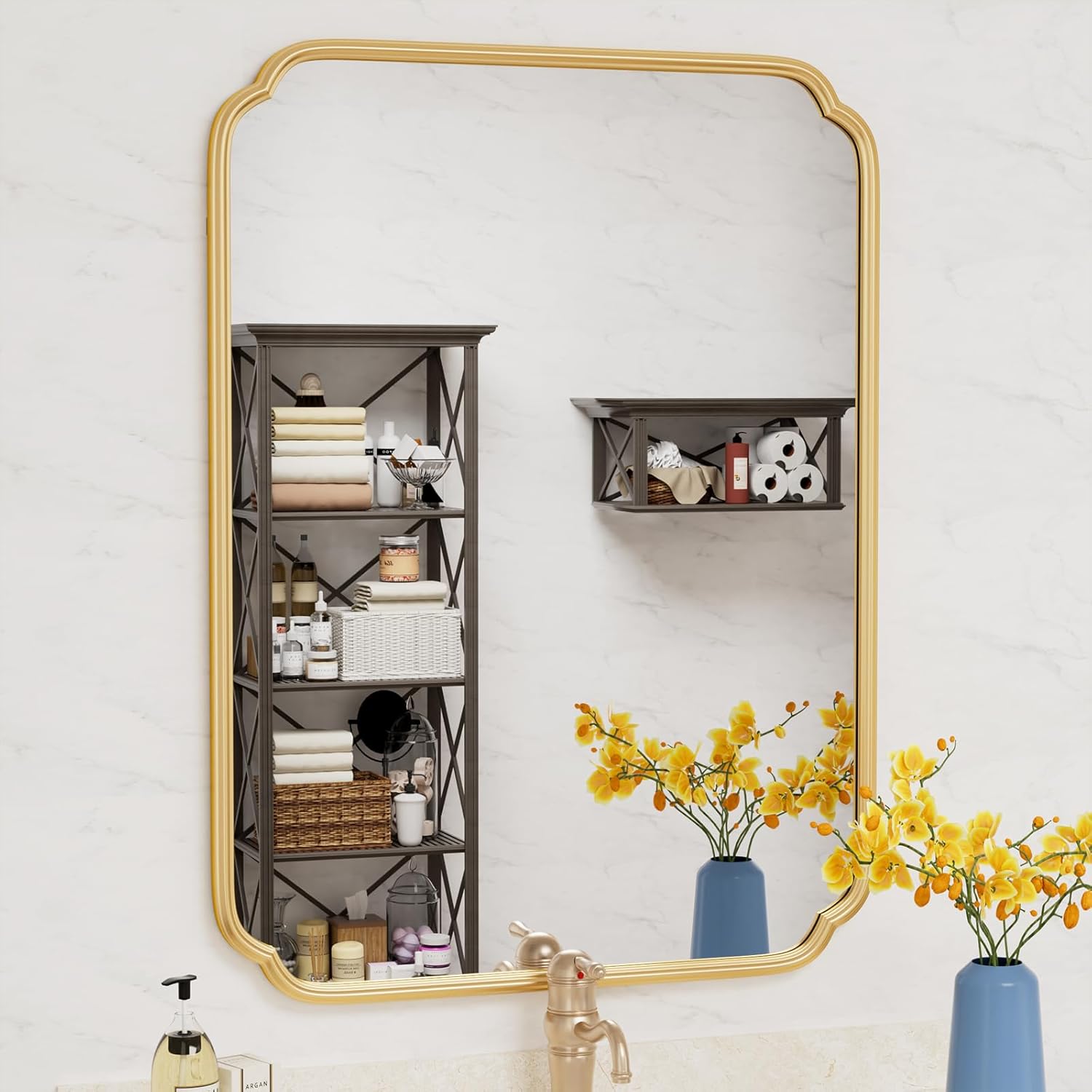 Gold Bathroom Mirror for Over Sink, 30" x 40" Modern Rounded Corner Rectangle Wall Mirror for Bathroom Vanity Decorative with Non-Rusting Iron Metal Framed (Horizontal/Vertical) - Image 1