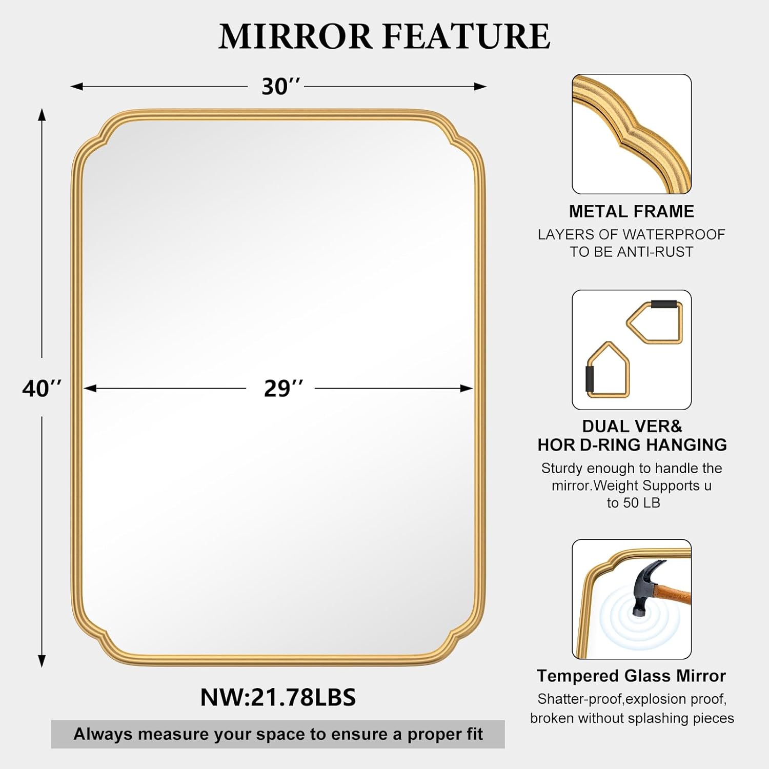 Gold Bathroom Mirror for Over Sink, 30" x 40" Modern Rounded Corner Rectangle Wall Mirror for Bathroom Vanity Decorative with Non-Rusting Iron Metal Framed (Horizontal/Vertical) - Image 1