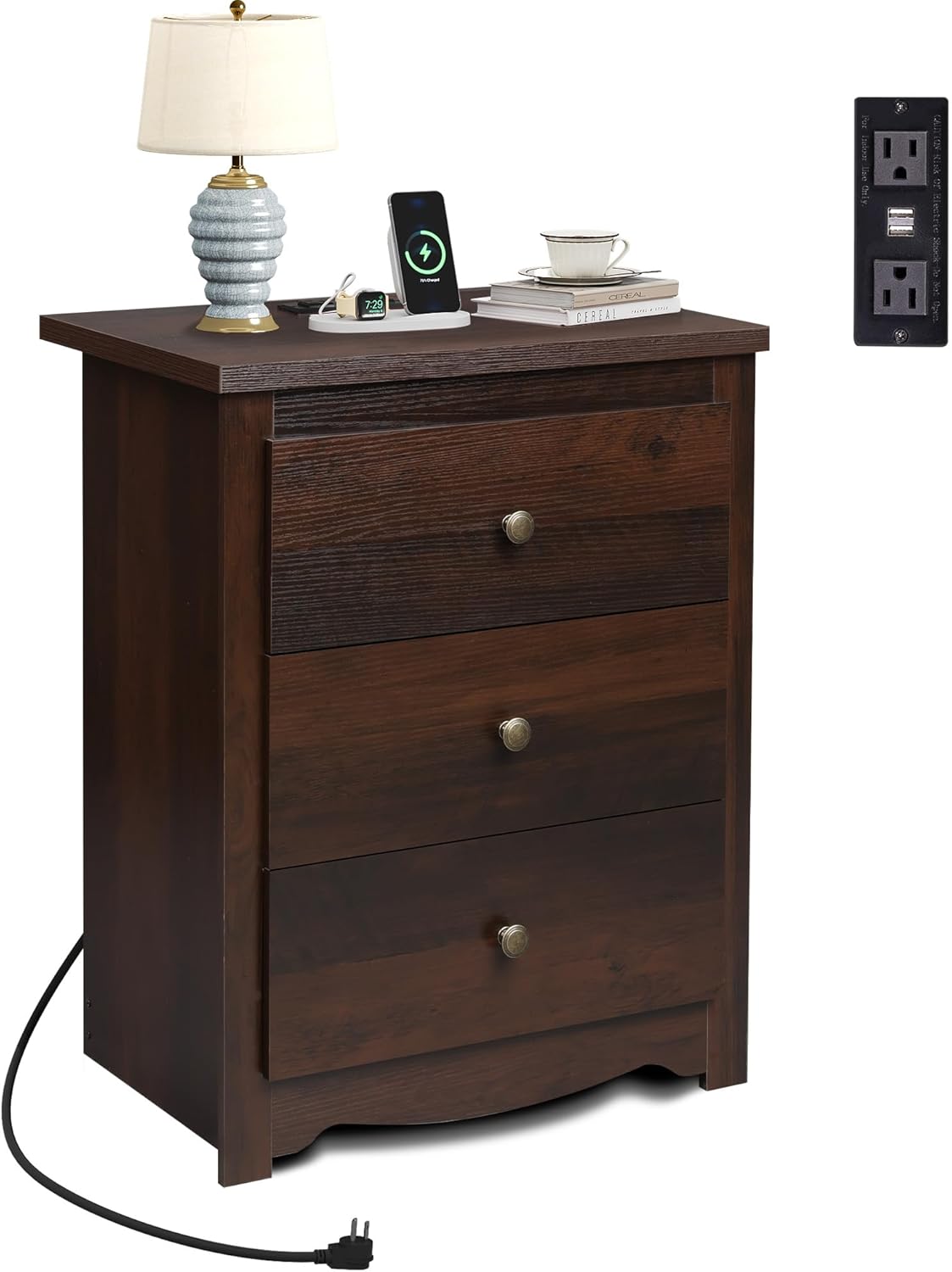 Tall Nightstand with Charging Station, Wood Nightstand with 3 Drawers, Bedside Tables Bedroom, Dorm, End Table with 2 USB Ports and 2 AC Outlets, Bedside Table, Espresso - Image 1