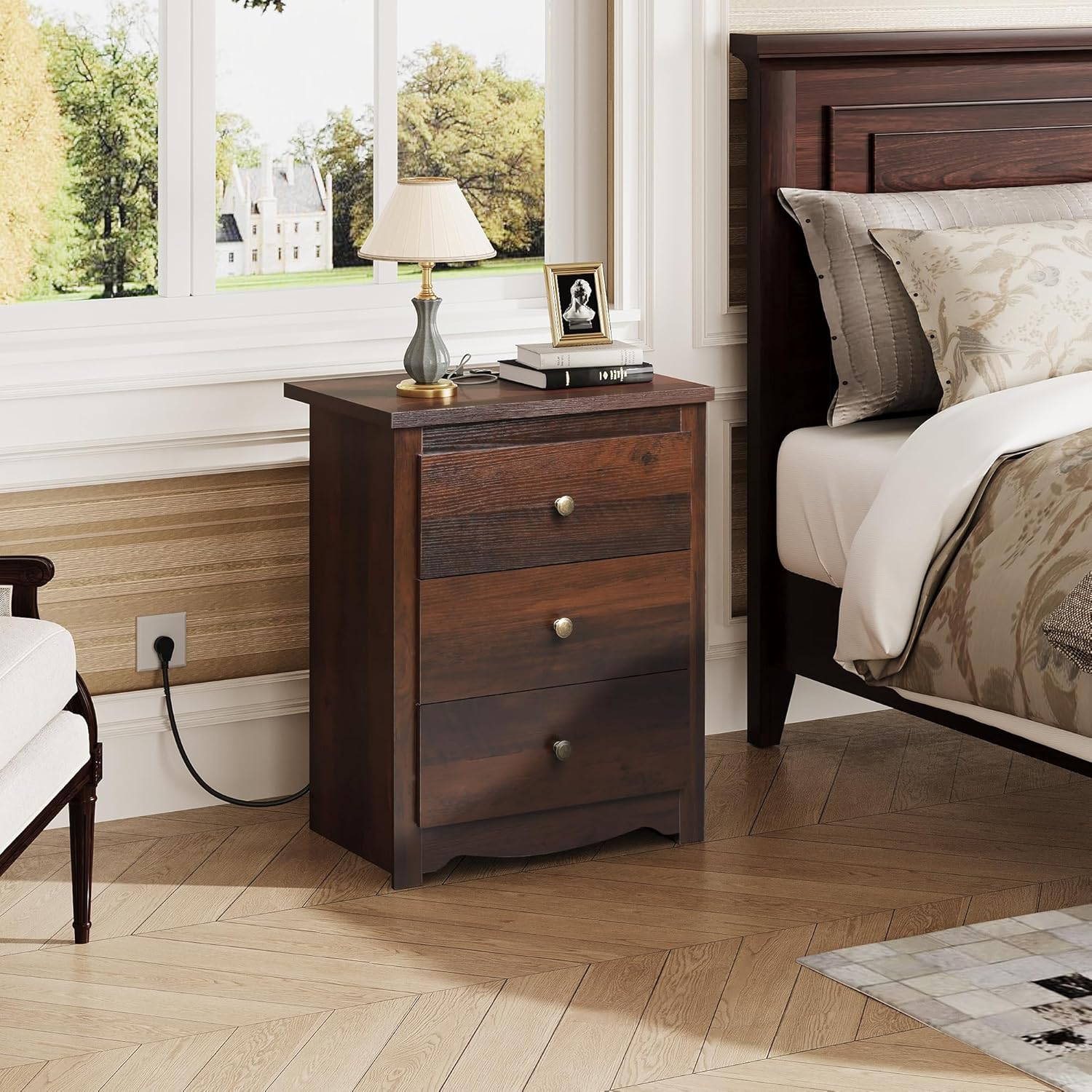 Tall Nightstand with Charging Station, Wood Nightstand with 3 Drawers, Bedside Tables Bedroom, Dorm, End Table with 2 USB Ports and 2 AC Outlets, Bedside Table, Espresso - Image 1