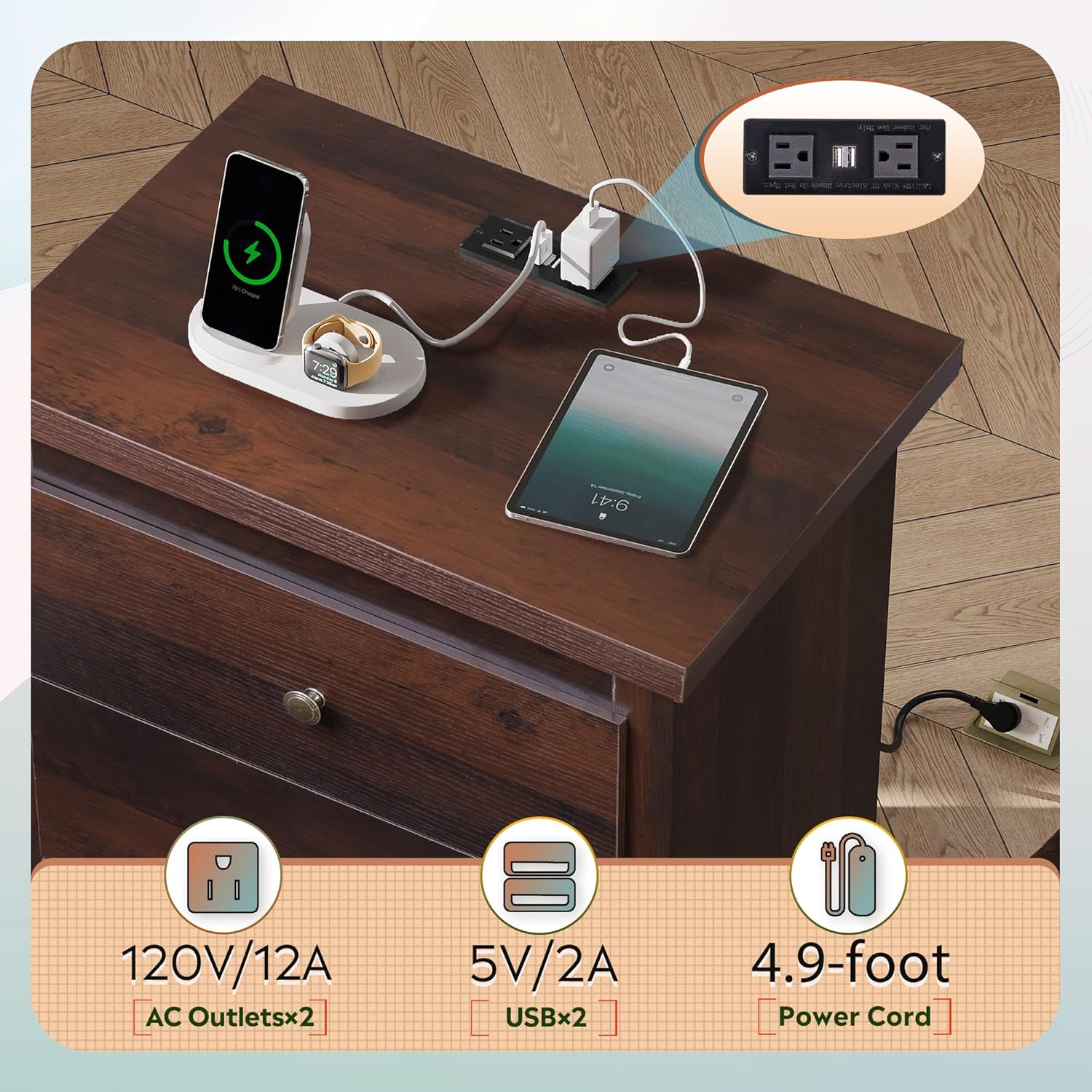 Tall Nightstand with Charging Station, Wood Nightstand with 3 Drawers, Bedside Tables Bedroom, Dorm, End Table with 2 USB Ports and 2 AC Outlets, Bedside Table, Espresso - Image 2