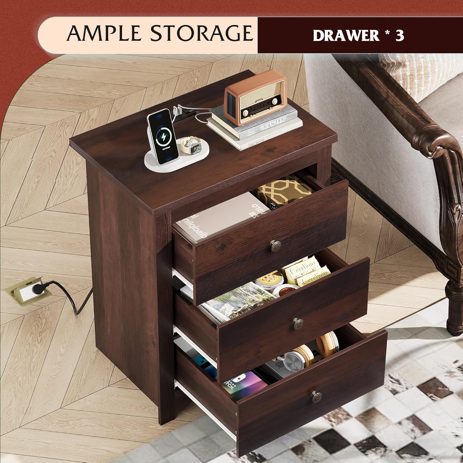 Tall Nightstand with Charging Station, Wood Nightstand with 3 Drawers, Bedside Tables Bedroom, Dorm, End Table with 2 USB Ports and 2 AC Outlets, Bedside Table, Espresso - Image 3