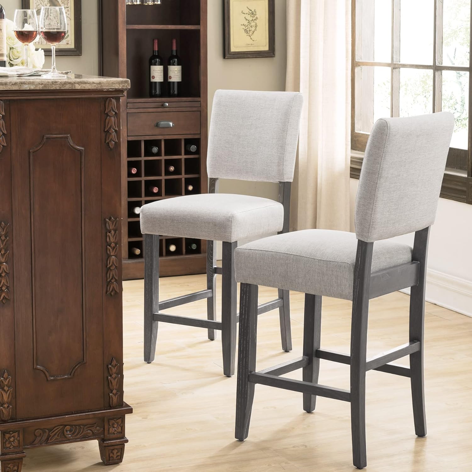 10086BB/HG Upholstered Back Counter Height Stool with Wood Base, Set of 2, for Kitchen Counters and Islands, Blackbean and Gray Wash/Heather Gray - Image 4