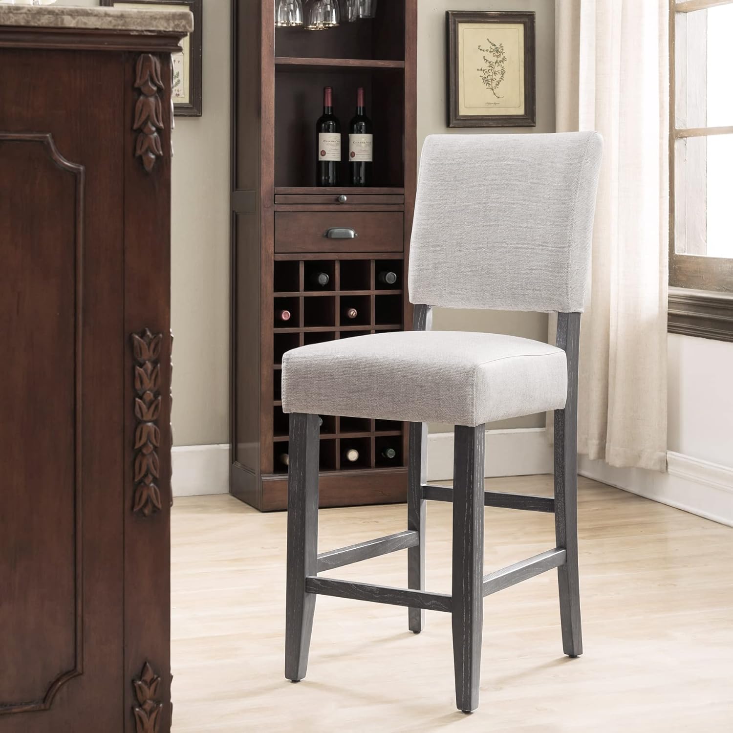 10086BB/HG Upholstered Back Counter Height Stool with Wood Base, Set of 2, for Kitchen Counters and Islands, Blackbean and Gray Wash/Heather Gray - Image 5