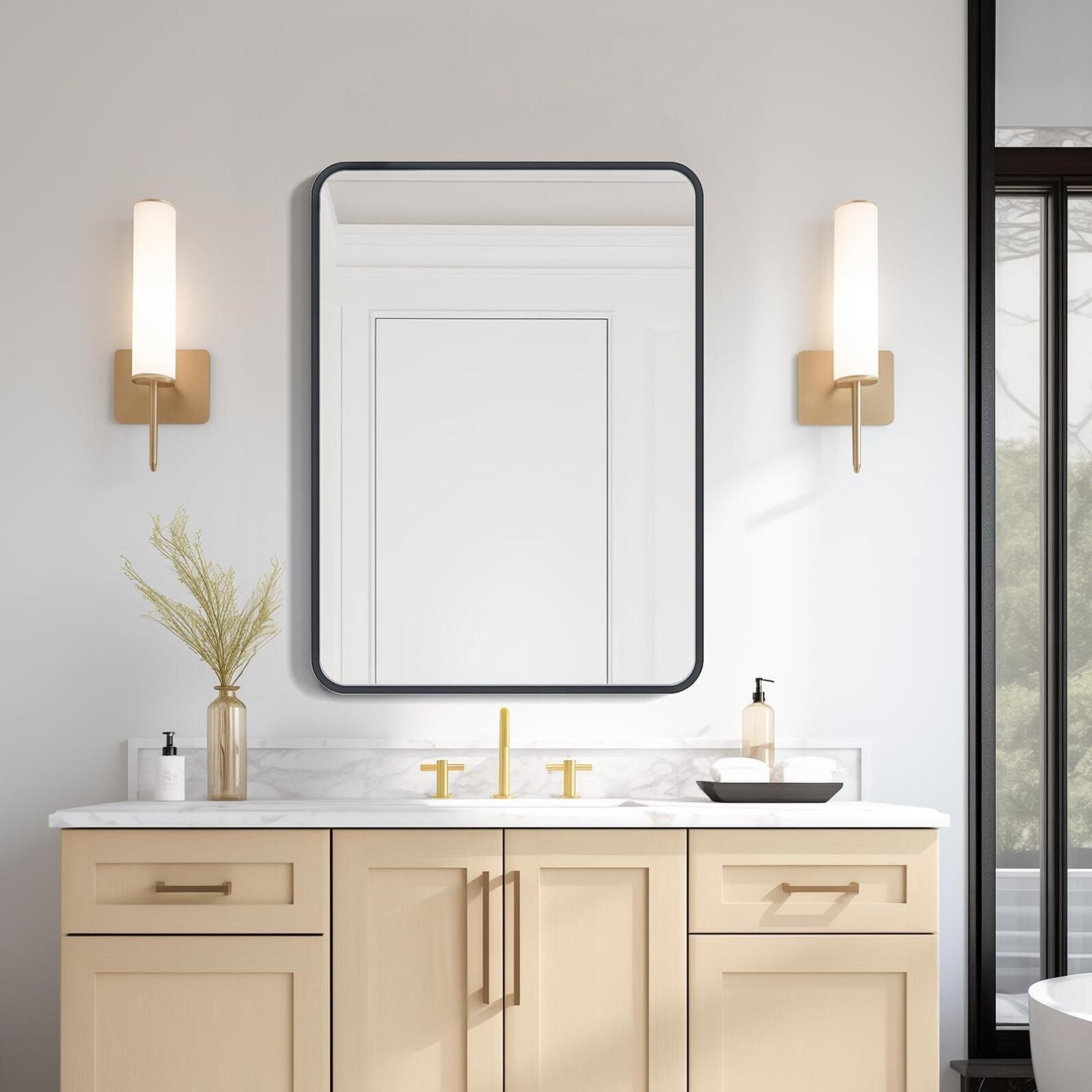 Black Bathroom Mirror for Over Sink 22 x 30 Inch, Matte Black Rectangle Mirror for Wall, Rounded Metal Frame Vanity Mirror - Image 1