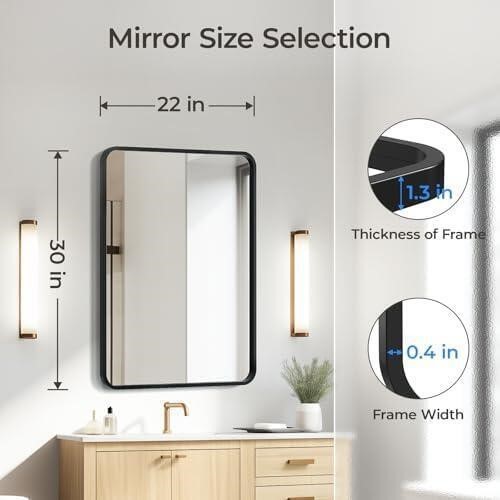 Black Bathroom Mirror for Over Sink 22 x 30 Inch, Matte Black Rectangle Mirror for Wall, Rounded Metal Frame Vanity Mirror - Image 3