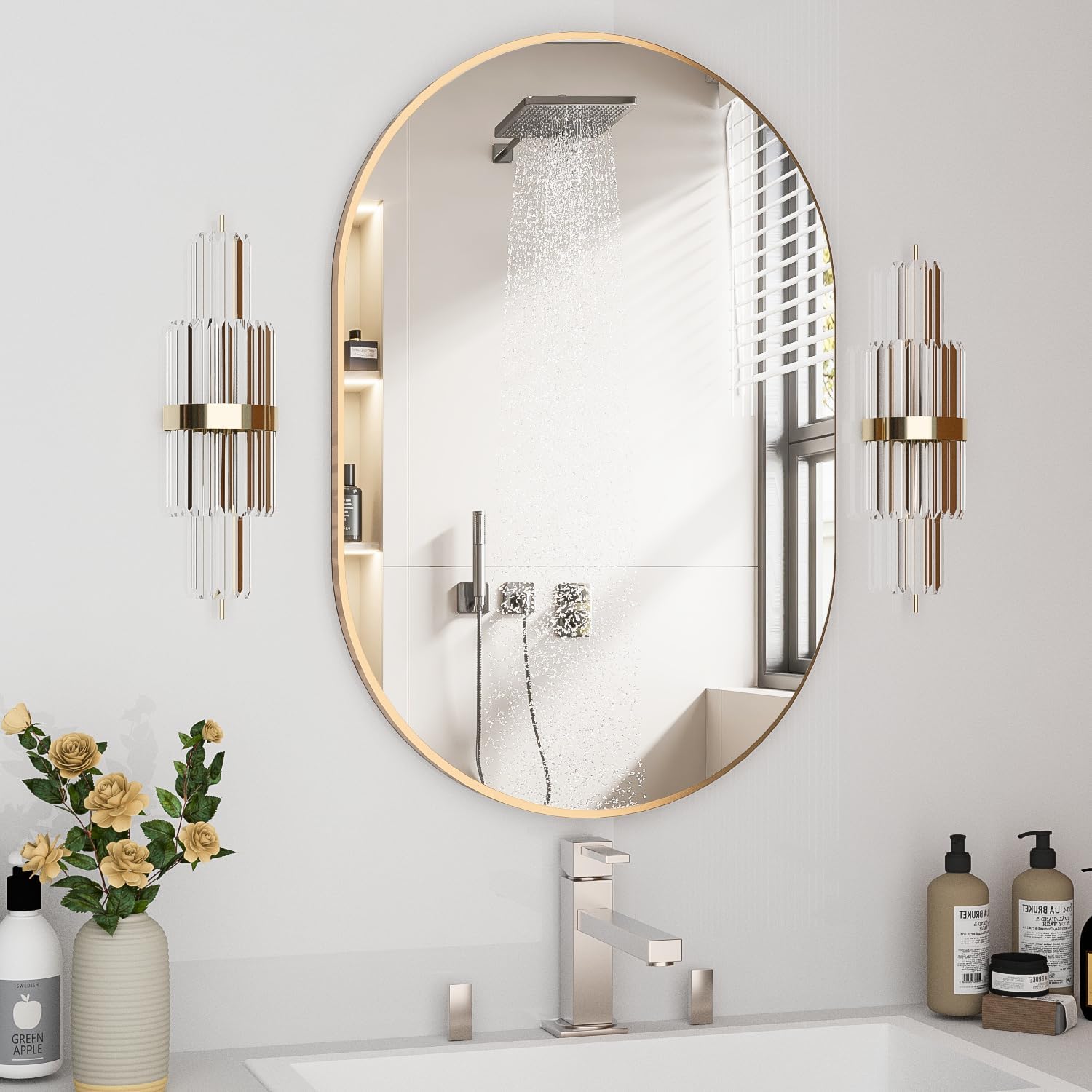 Oval Bathroom Mirror Capsule Wall Vanity Mirror, 20"x30" Pill Mirrors Wall Mounted Mirror, Large Modern Mirror with Gold Metal Frame, Decor for Entryway, Bedroom, Living Room - Image 1