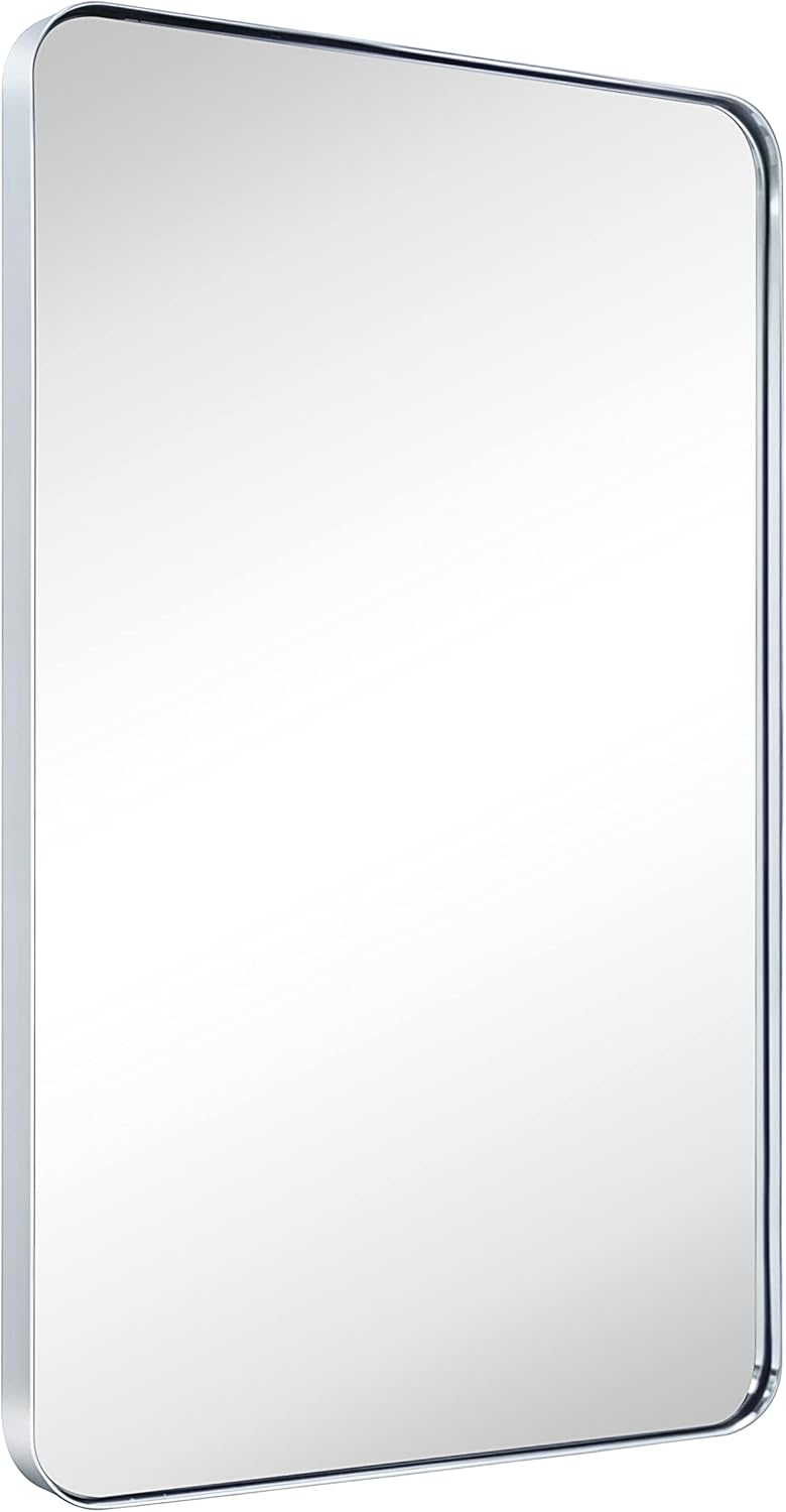 24x36'' Chrome Metal Framed Bathroom Mirror for Wall in Stainless Steel Rounded Rectangular Bathroom Vanity Mirrors Wall Mounted - Image 1