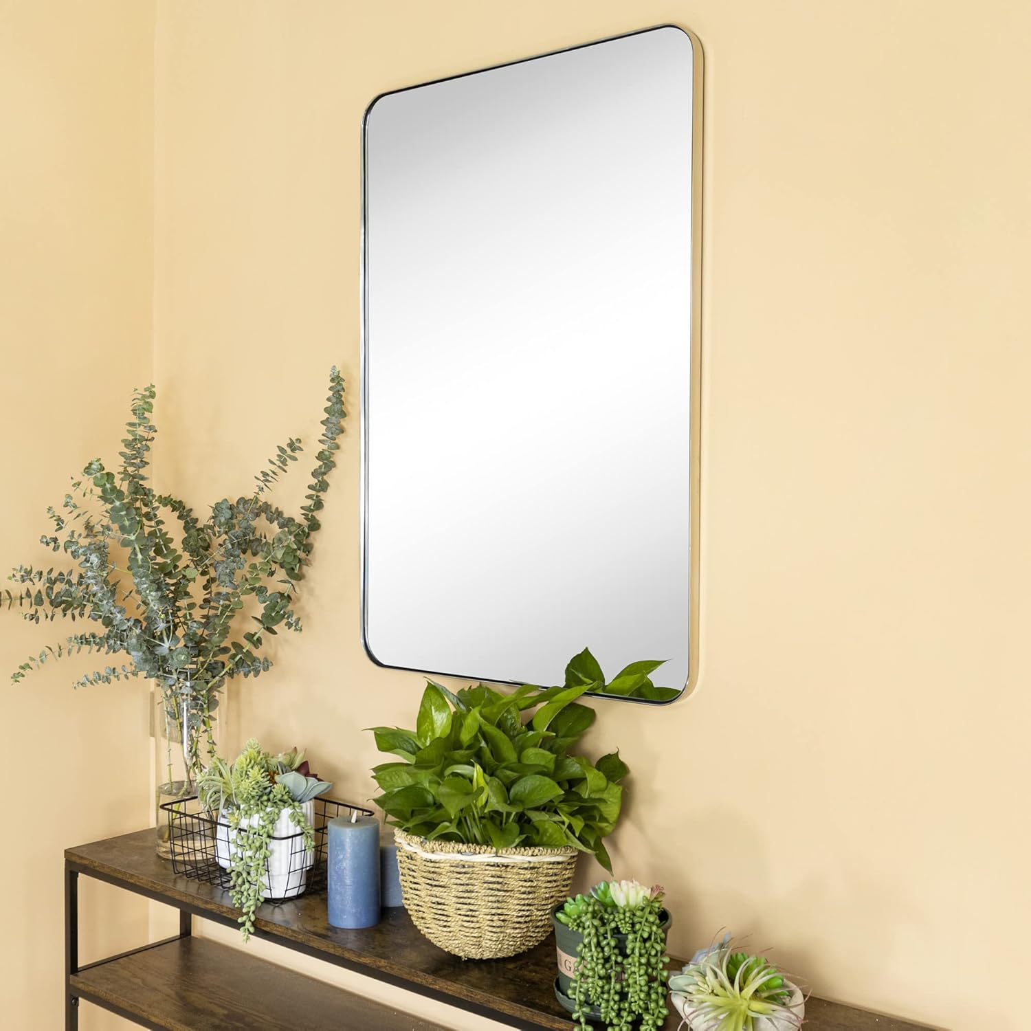 24x36'' Chrome Metal Framed Bathroom Mirror for Wall in Stainless Steel Rounded Rectangular Bathroom Vanity Mirrors Wall Mounted - Image 2