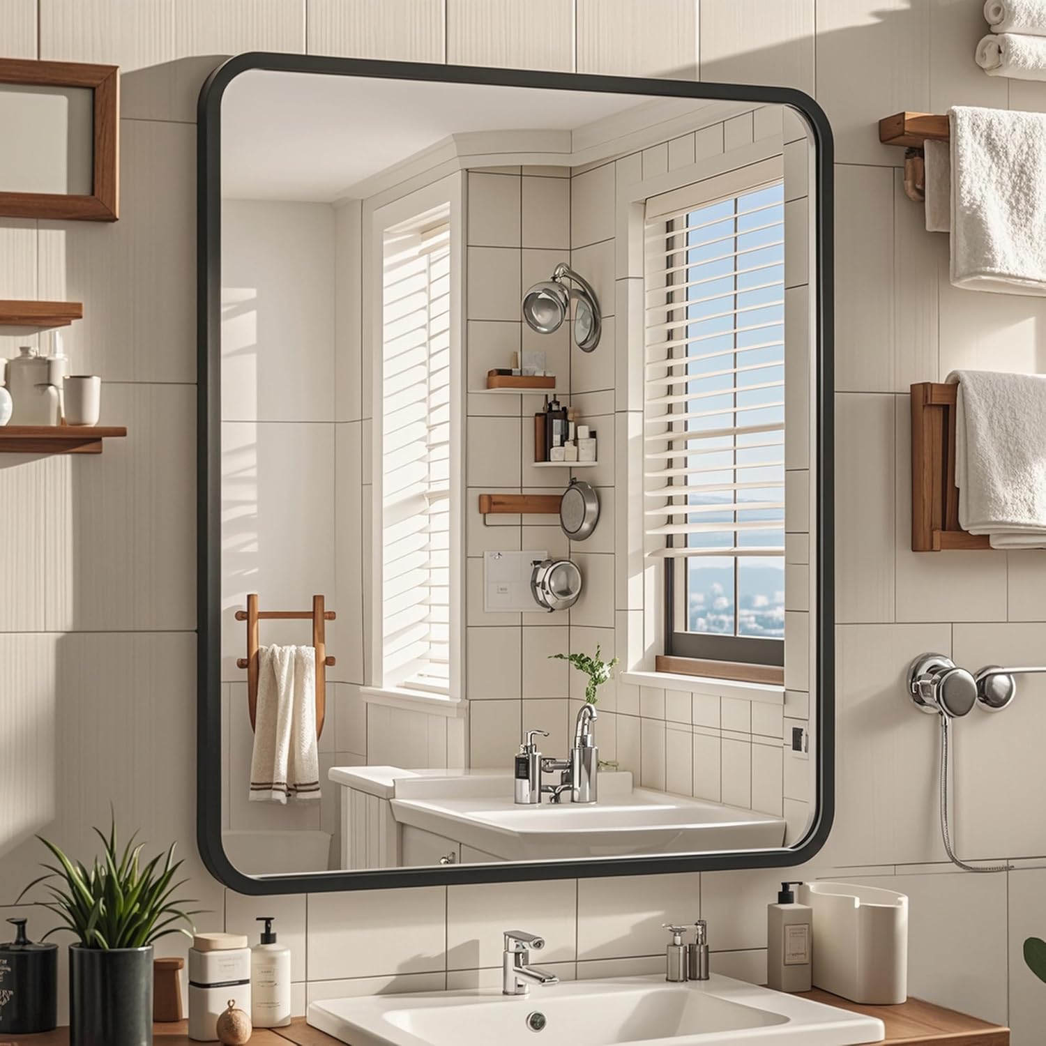 24x30 Black Bathroom Mirrors for Over Sink, Rectangle Bathroom Vanity Mirror for Wall, Modern Metal Frame Rectangular Mirror for Restroom Powder Room Toilet, Shatterproof, Tempered Glass - Image 1