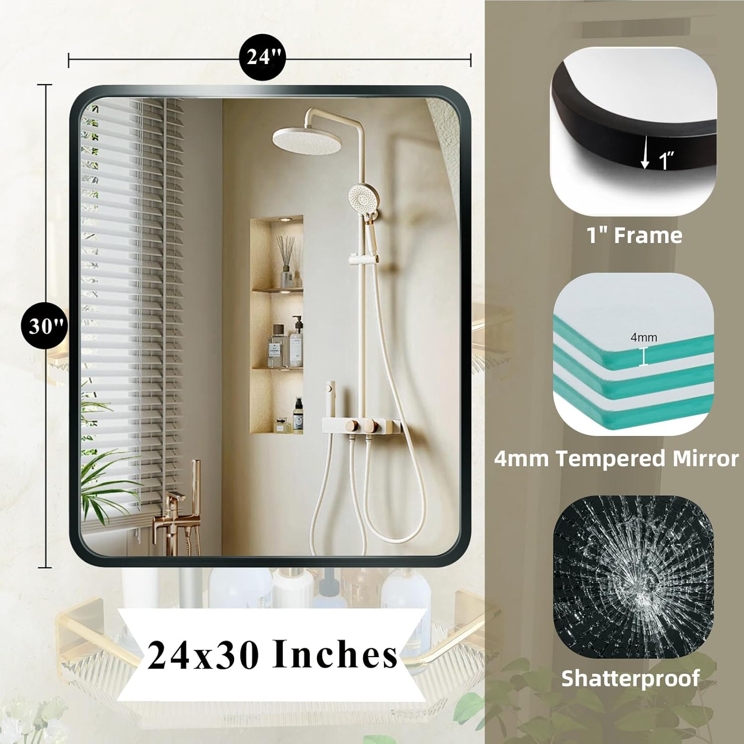 24x30 Black Bathroom Mirrors for Over Sink, Rectangle Bathroom Vanity Mirror for Wall, Modern Metal Frame Rectangular Mirror for Restroom Powder Room Toilet, Shatterproof, Tempered Glass - Image 2