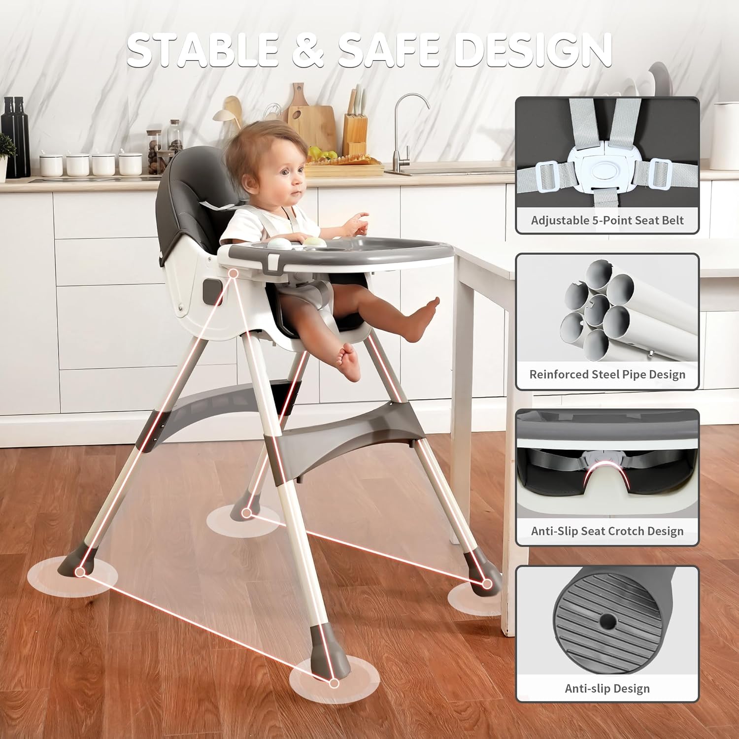 Baby High Chair, Grey, 6 in 1 Convertible High Chairs for Babies and Toddlers with 5-Point Safety Harness,Foldable High Chair for Space-Saving, Adjustable Dining Tray,Backrest & Height,Easy to Clean Surface - Image 1