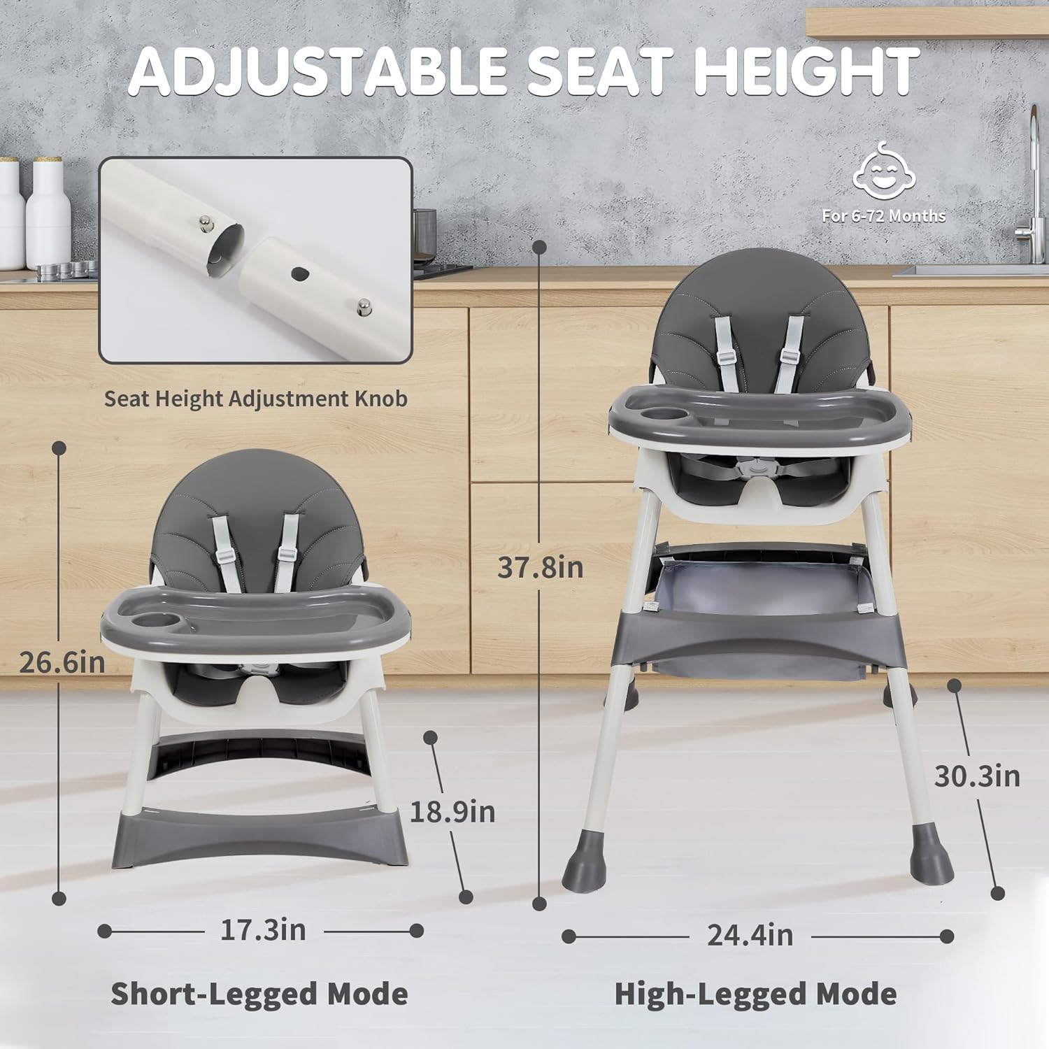 Baby High Chair, Grey, 6 in 1 Convertible High Chairs for Babies and Toddlers with 5-Point Safety Harness,Foldable High Chair for Space-Saving, Adjustable Dining Tray,Backrest & Height,Easy to Clean Surface - Image 4