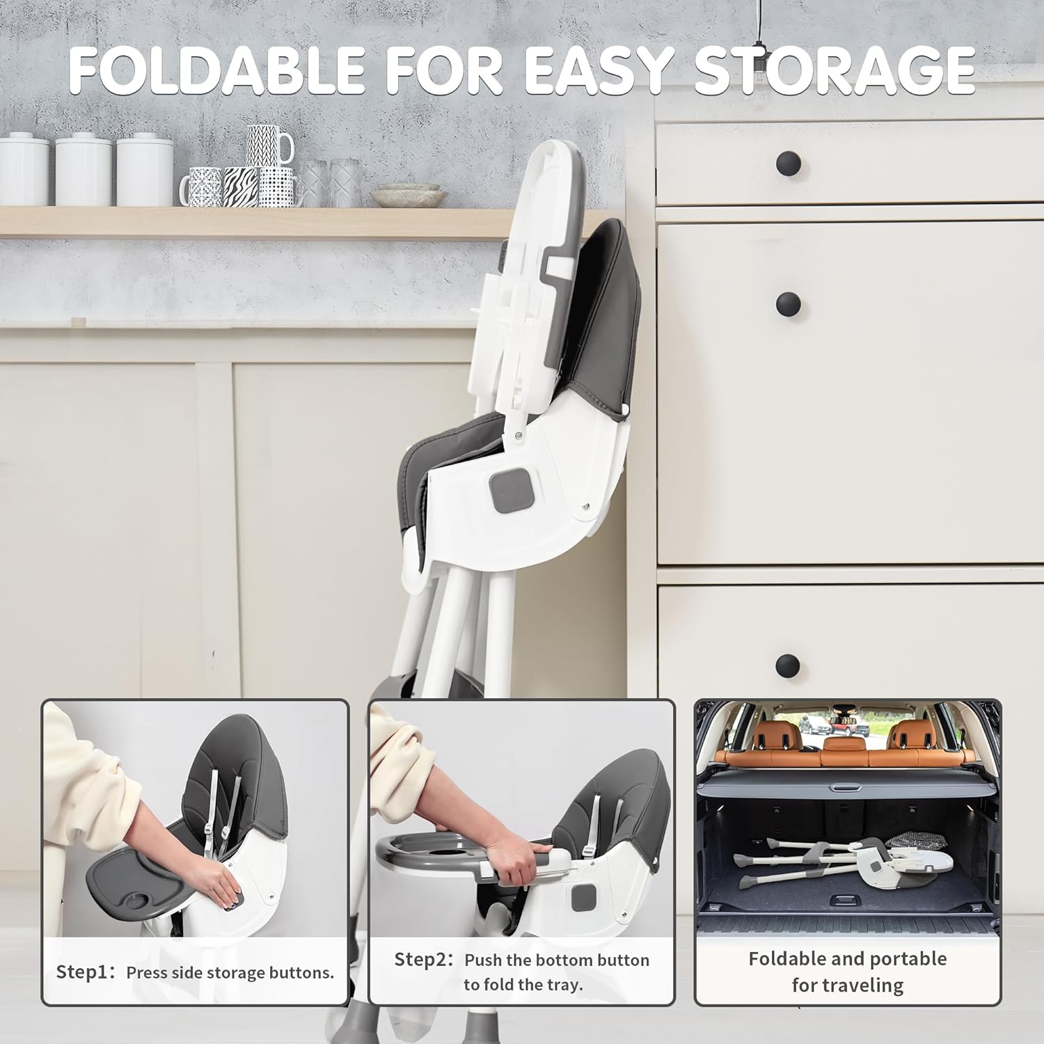 Baby High Chair, Grey, 6 in 1 Convertible High Chairs for Babies and Toddlers with 5-Point Safety Harness,Foldable High Chair for Space-Saving, Adjustable Dining Tray,Backrest & Height,Easy to Clean Surface - Image 5