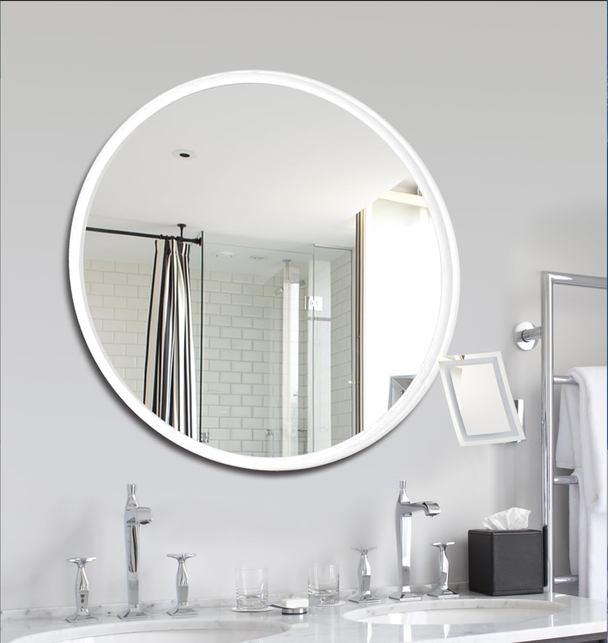 Round Solid Oak Wood Mirror 24x24 Inch Medium Size, White Frame, Modern Decorative Wall Makeup Mirror for Bathroom, Bedroom, Living Room White - Image 1