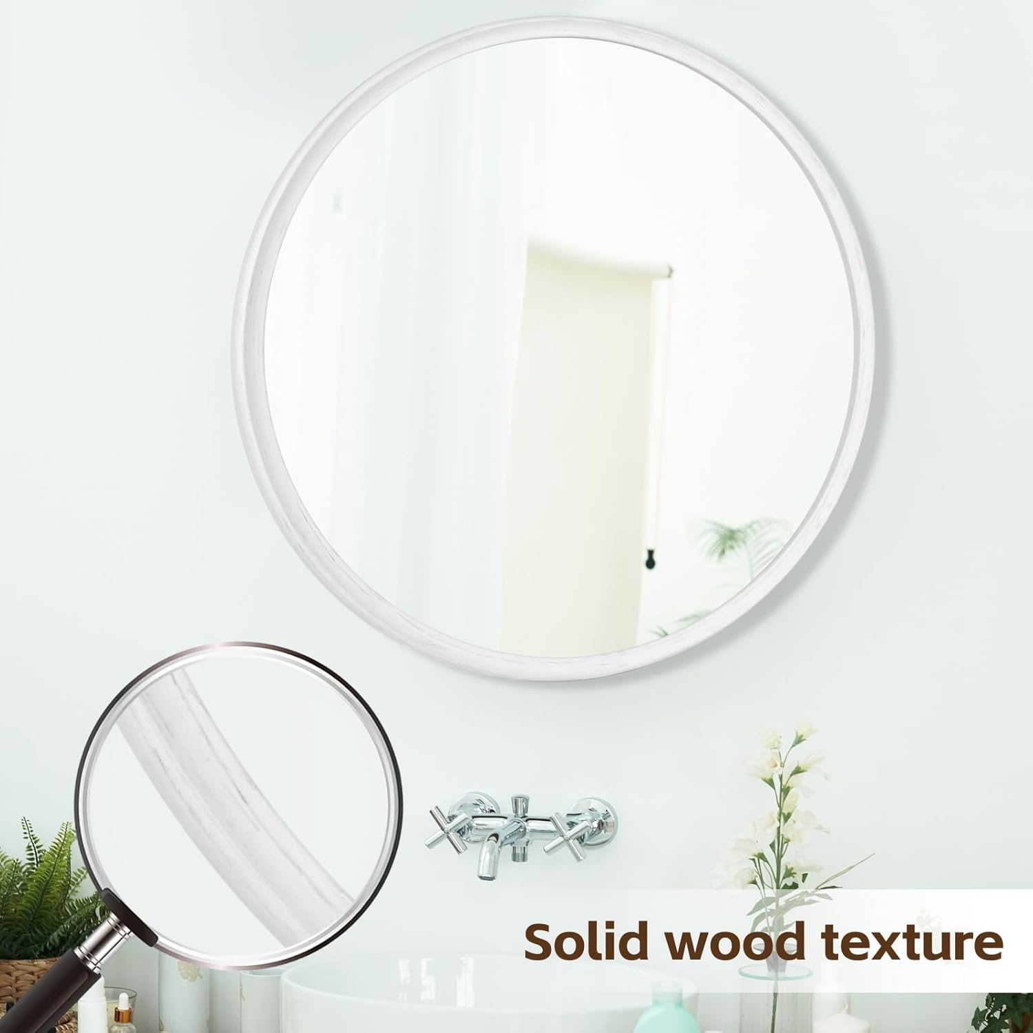 Round Solid Oak Wood Mirror 24x24 Inch Medium Size, White Frame, Modern Decorative Wall Makeup Mirror for Bathroom, Bedroom, Living Room White - Image 2