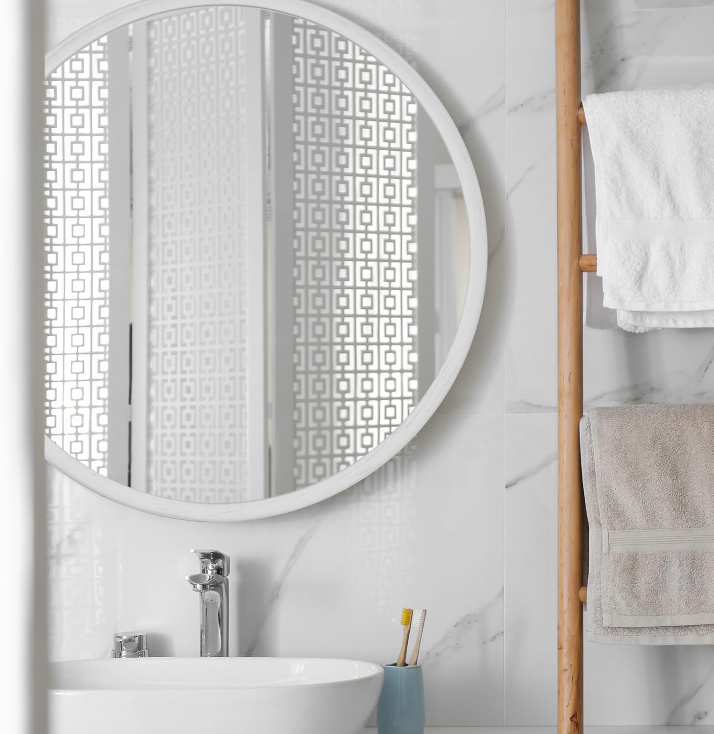 Round Solid Oak Wood Mirror 24x24 Inch Medium Size, White Frame, Modern Decorative Wall Makeup Mirror for Bathroom, Bedroom, Living Room White - Image 3