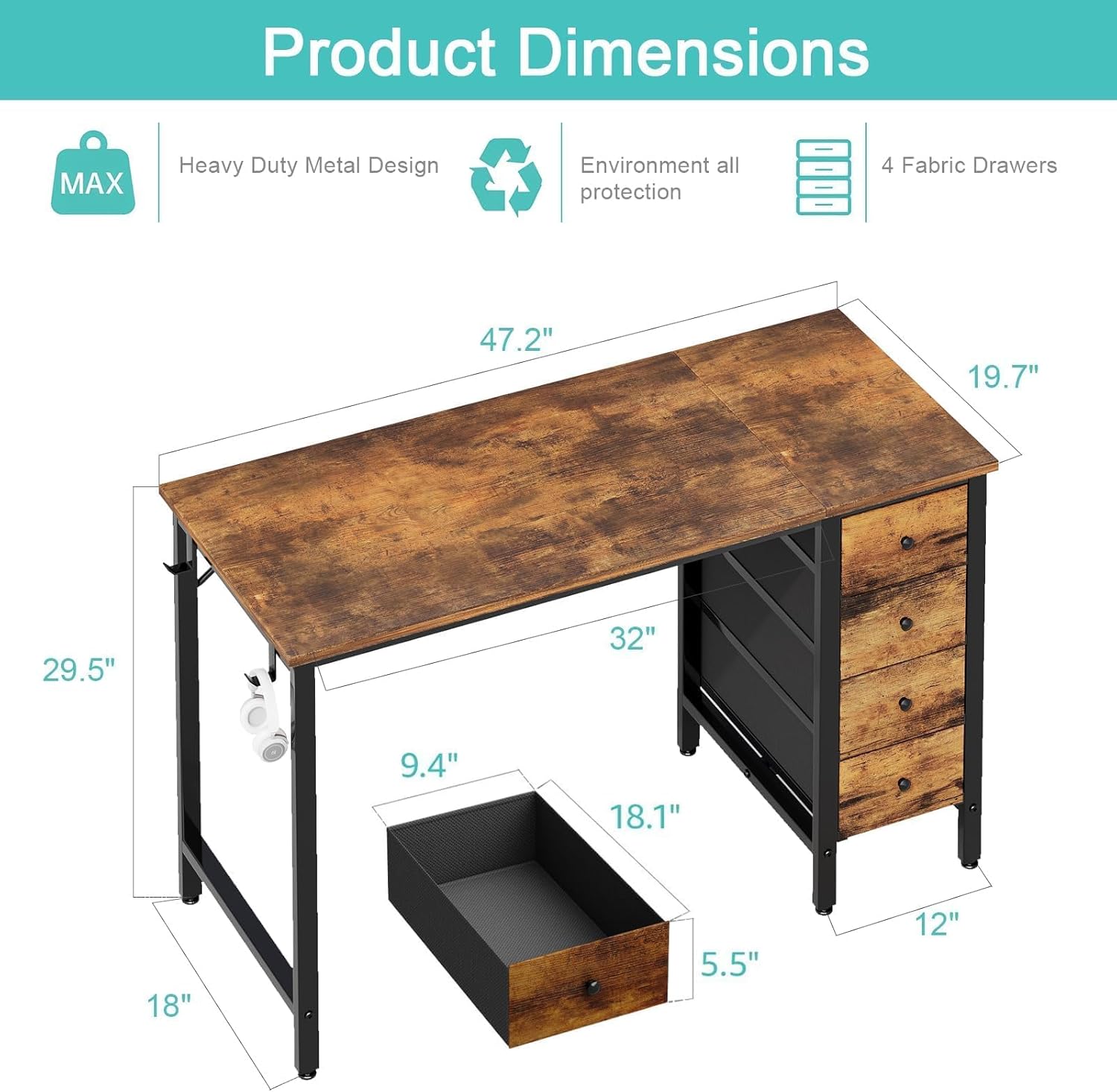 47 inch Computer Desk with 4 Fabric - Image 1